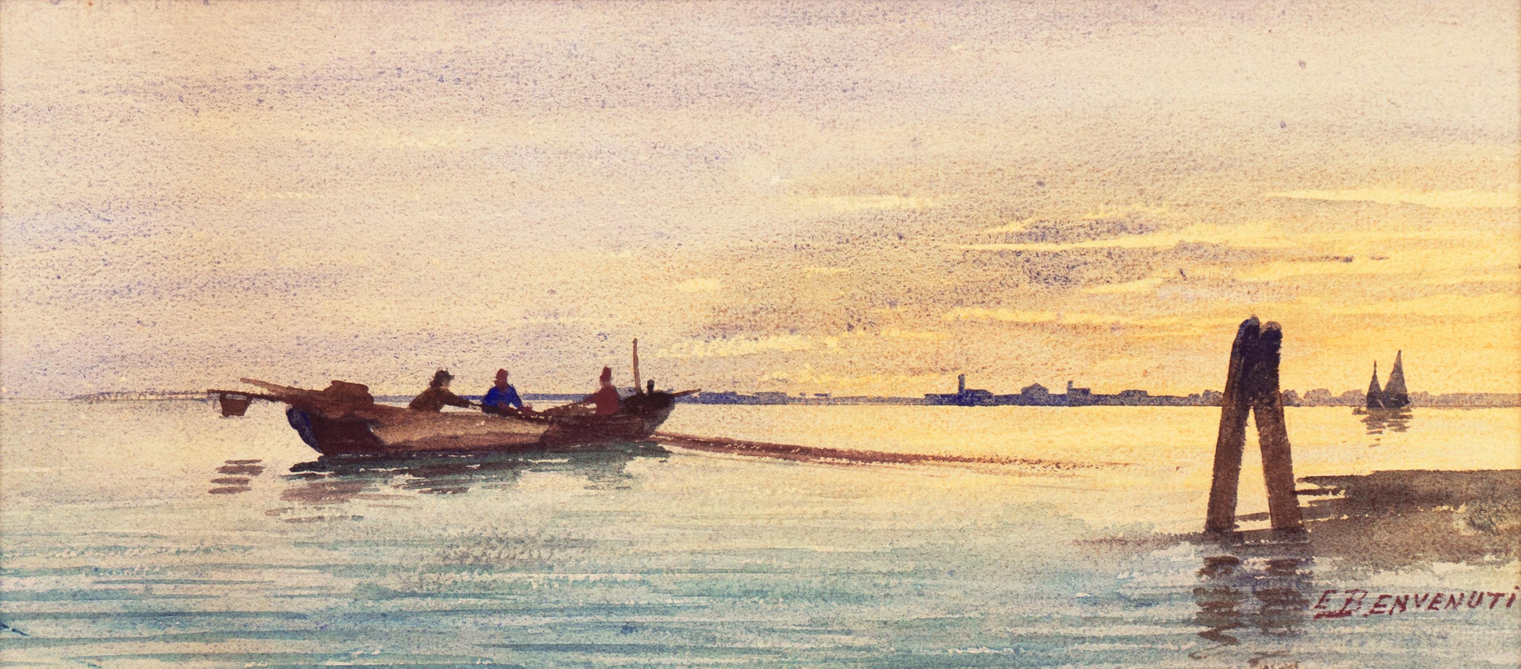 'Venice, Fishermen at Sunset', Venetian Lagoon watercolor  - Art by Eugenio Benvenuti