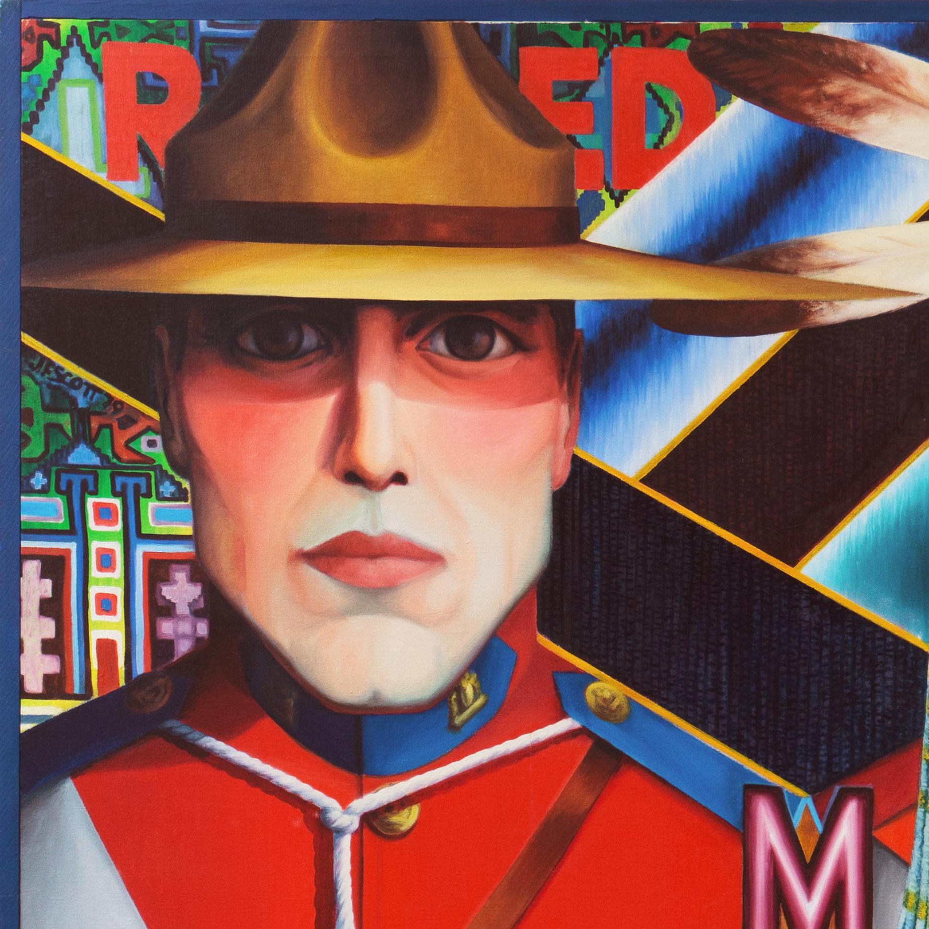 'Red Man/White Man', Large Pop Art Figural, First Nation, Native American, RCMP - Brown Figurative Painting by James Scott
