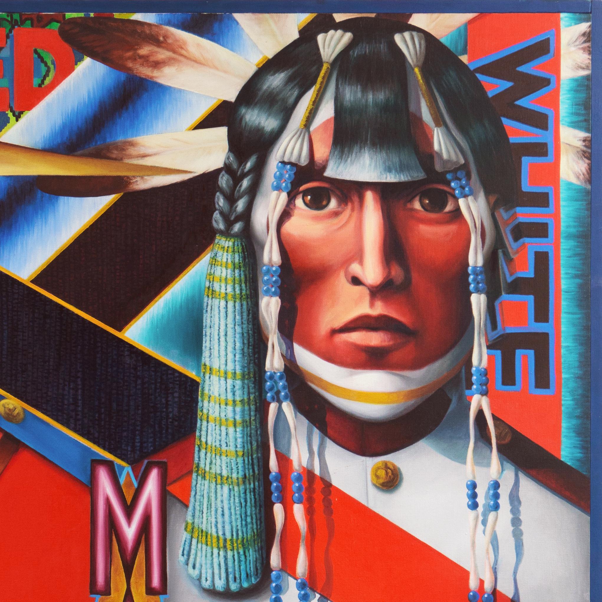 A substantial figurative oil painting showing two figures, a Royal Canadian Mounted Police man and a Native American warrior. 

Signed upper left, 