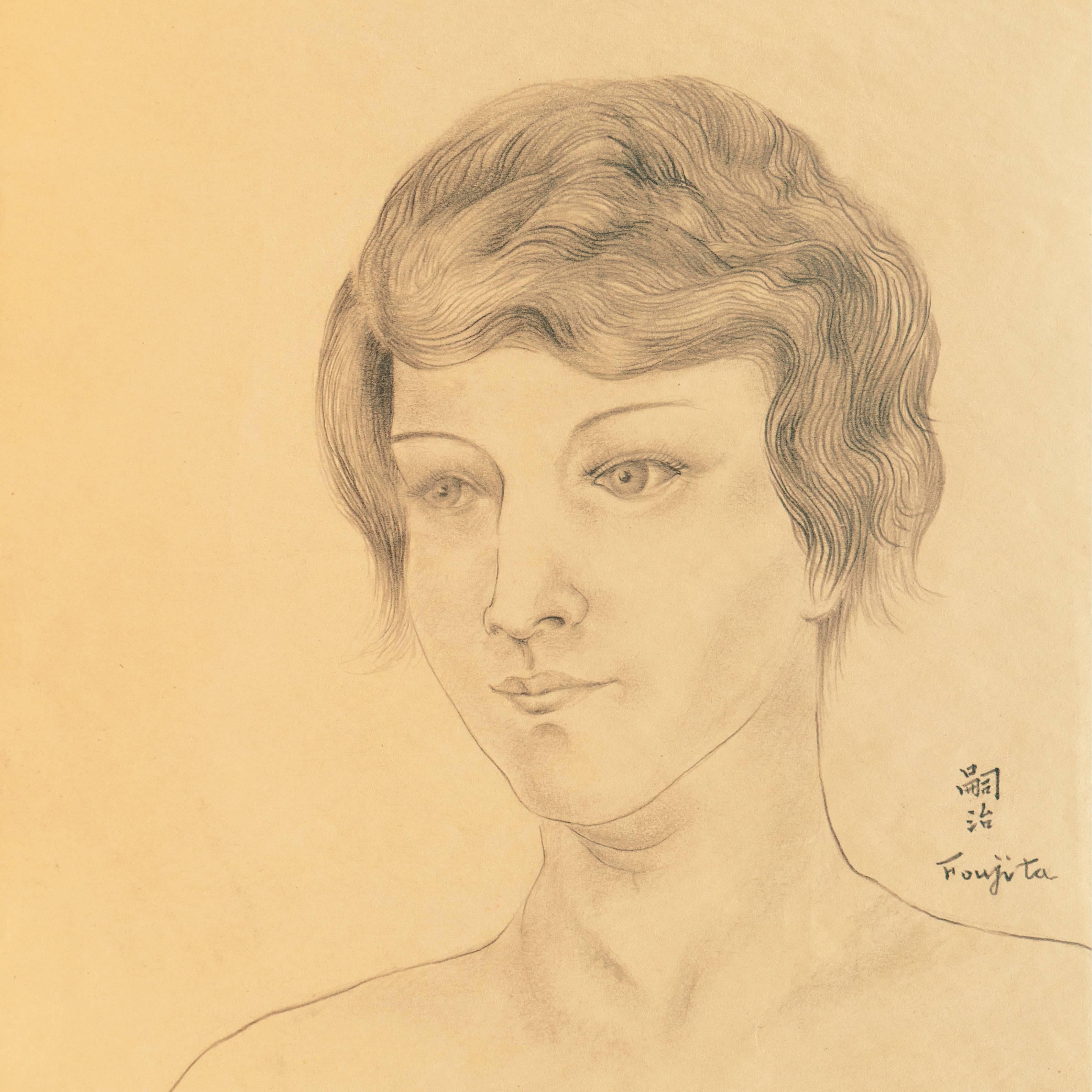 An animated pencil drawing of a fashionable young woman shown gesturing and gazing to the viewer's left.

Signed lower right, 'Foujita' in English beneath the Nanori Kanji reading 'Tsuguharu'. Created circa 1930.

Leonard Tsuguharu Foujita is