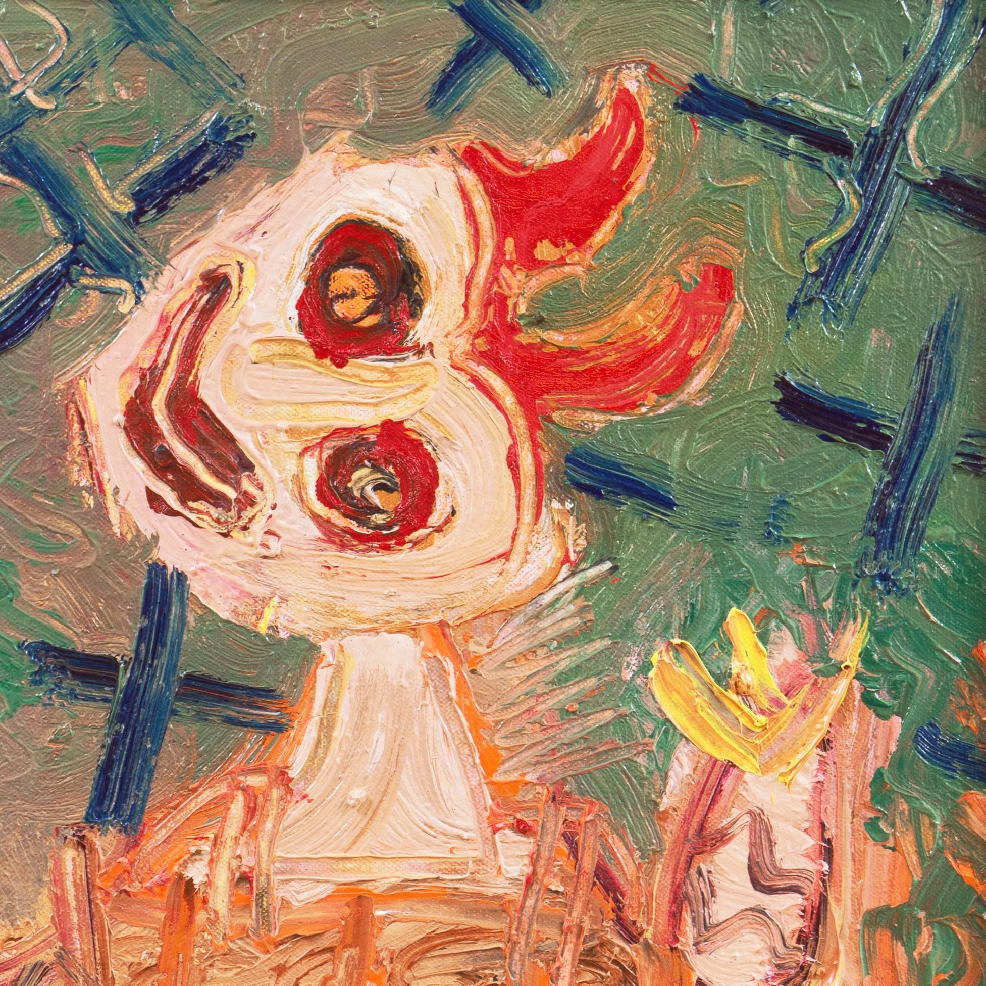 A dynamic oil showing a horned figure wearing red trousers by this well-listed American Expressionist. 

Exhibition labels, New York Times review and additional documentation accompany the piece.

Bill Barrell was born in London, England in 1932.