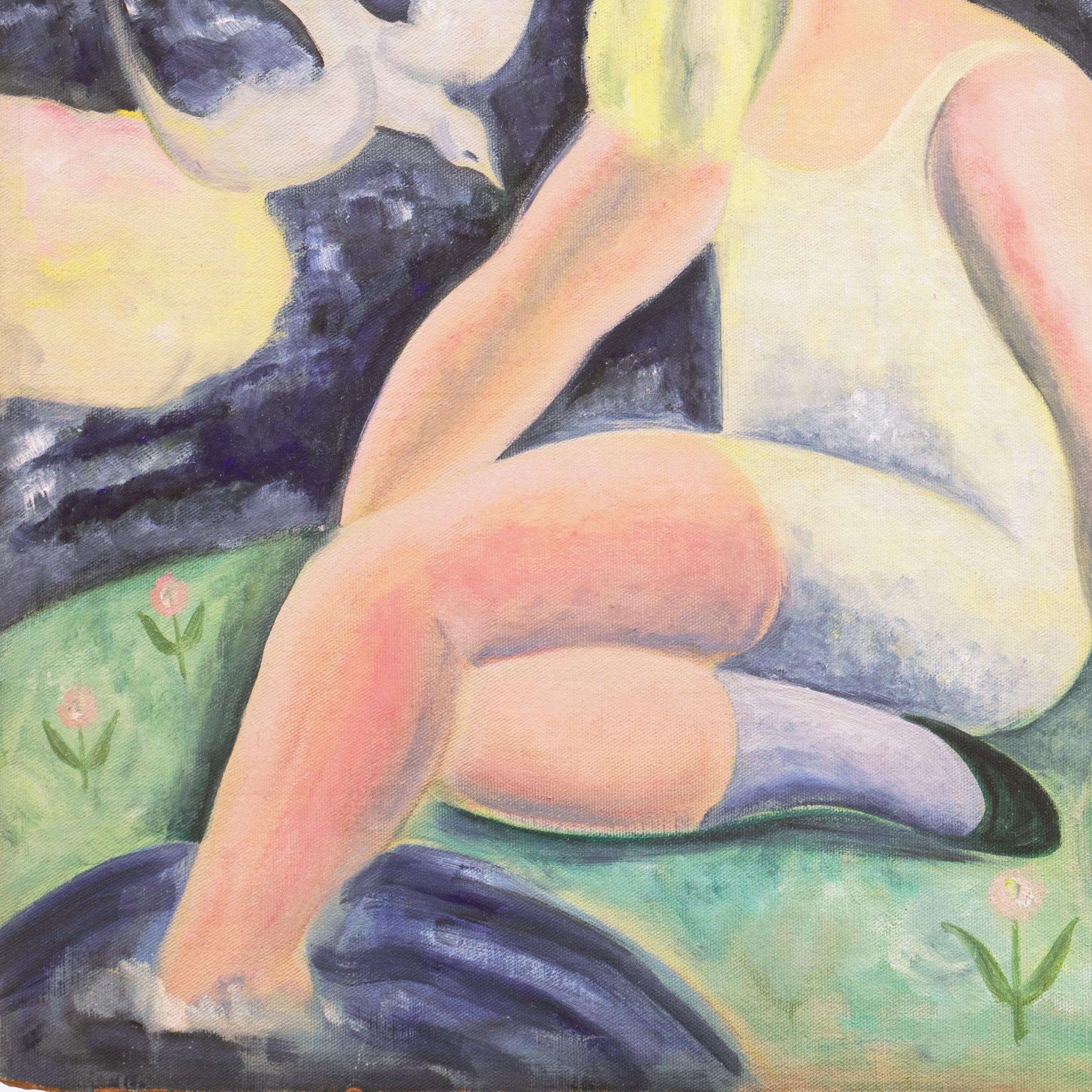 A view of a landscape with a young woman shown seated and bathing her bare foot in a pool of water with white doves flying in a clouded, blue sky. 

Signed verso 'Nura' for Nura Woodson Ulreich (American, 1899–1950) and painted circa 1935. Also