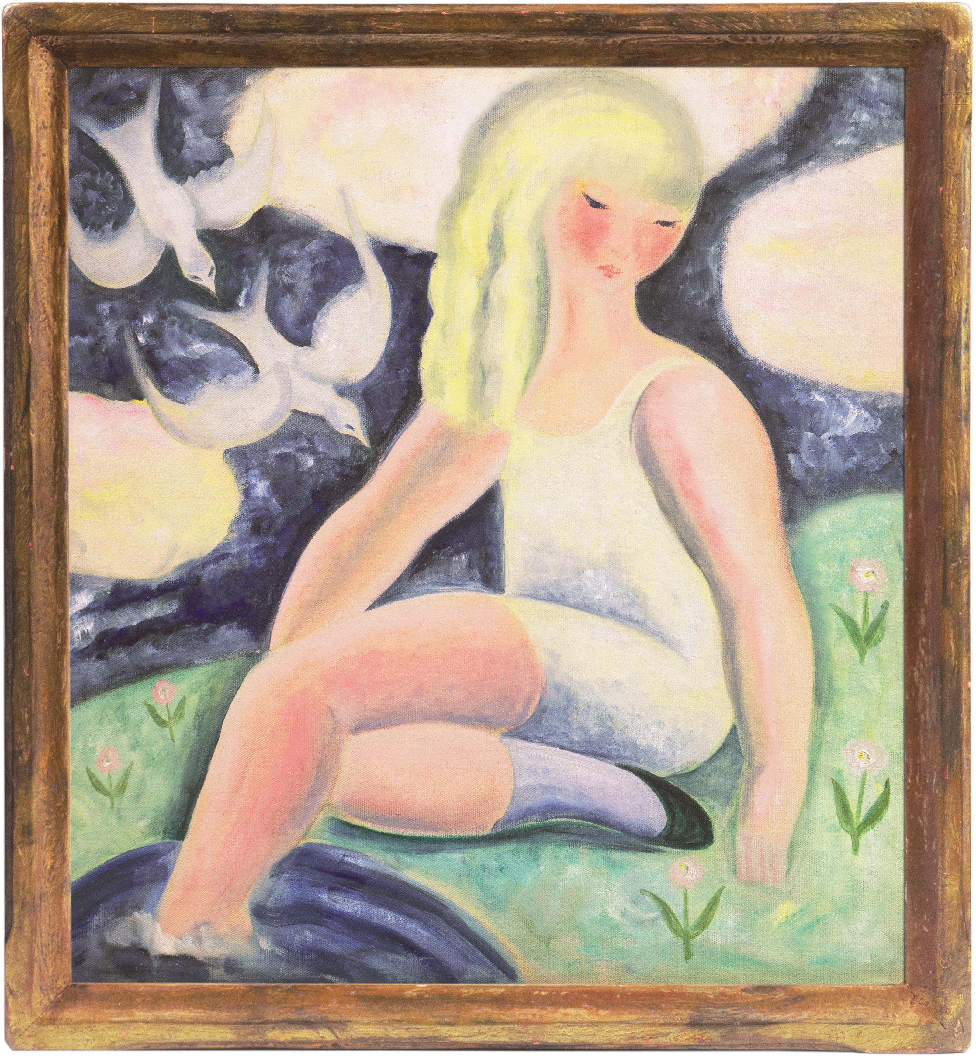 'Young Woman with Doves', AIC, Salon d'Automne, Paris, Art Deco  - Painting by Nura Ulreich