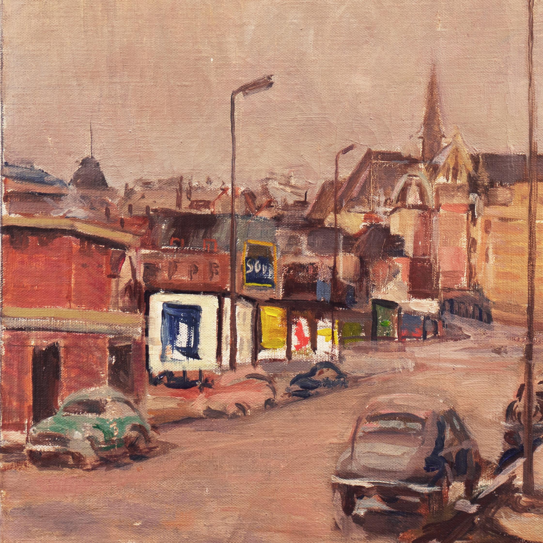  'View of Brussels from a Window', Modernist mid-century Cityscape - Brown Landscape Painting by Pieter Van Mol