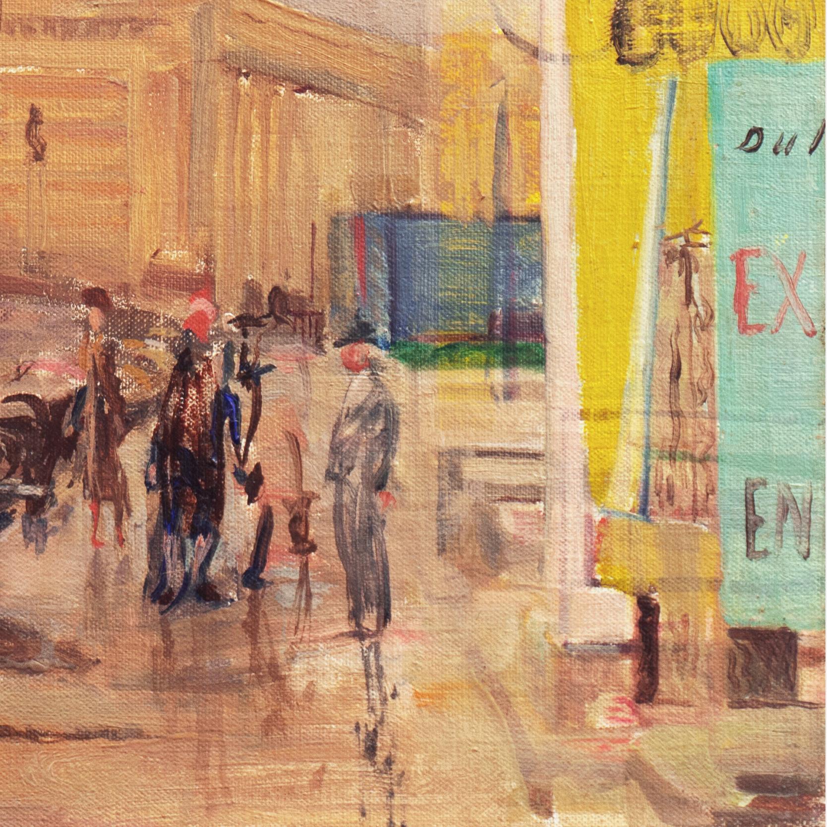 Un olio su tela di metà secolo che ritrae una scena di strada a Bruxelles con auto d'epoca parcheggiate e un gruppo di persone che conversano accanto a dei cartelloni pubblicitari con la vista di una chiesa in lontananza. 

Firmato in basso a