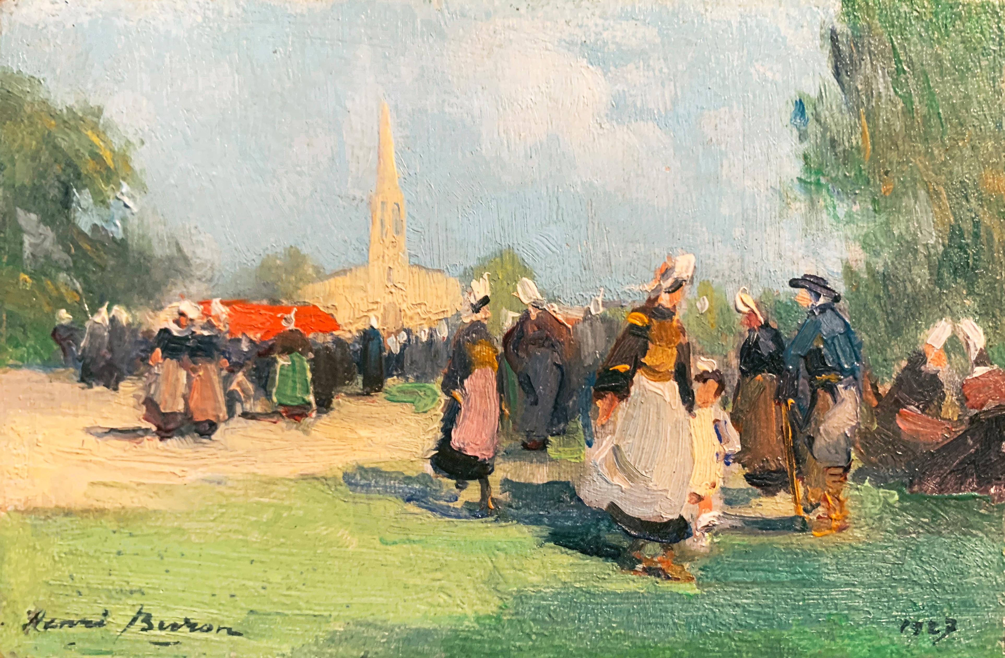 'After Mass, Brittany', Société des Artistes Française, Honfleur Museum, Benezit - Painting by Henri Lucien Joseph Buron