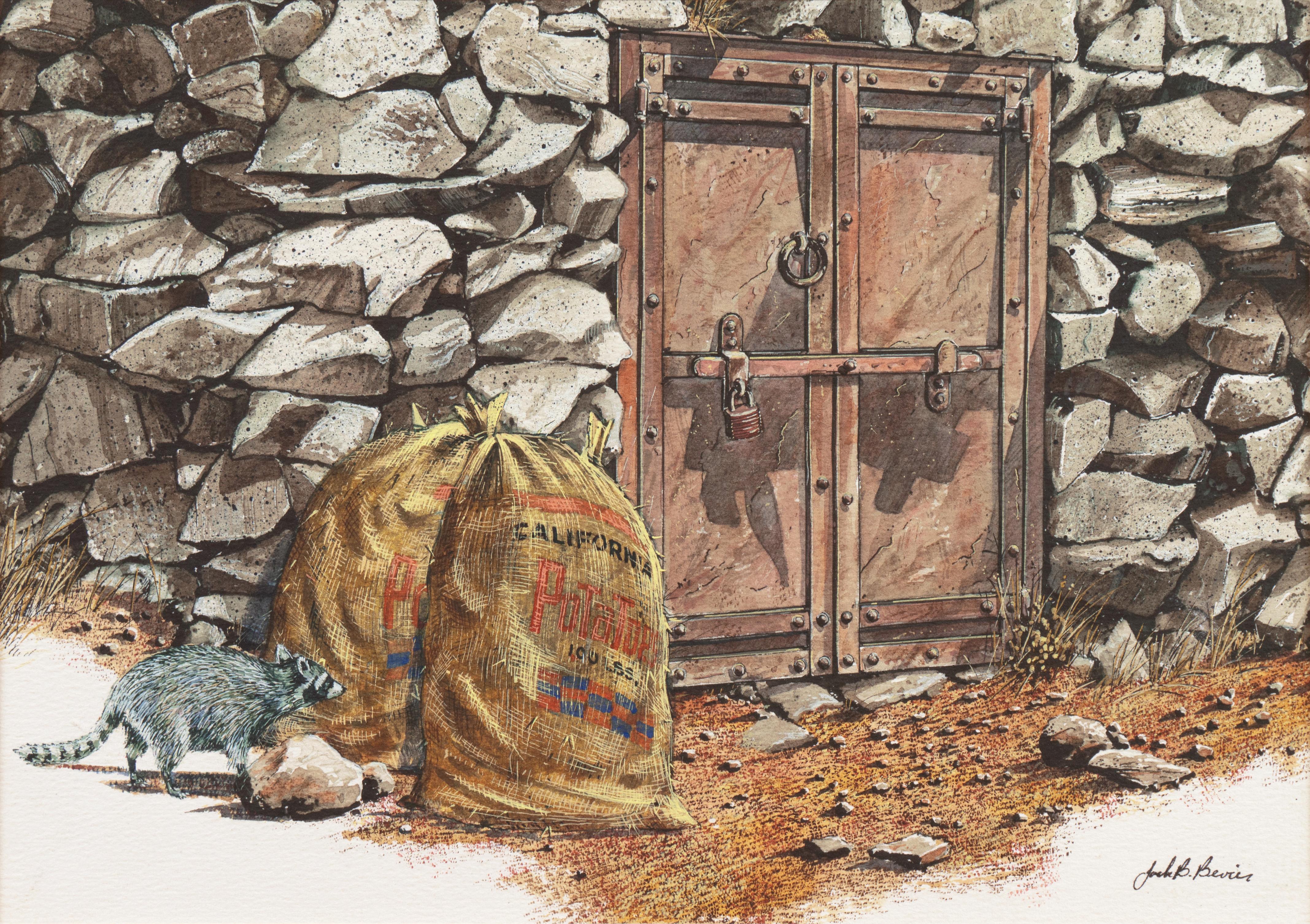 Jack Bevier Landscape Art – „The Little Bandit“, kalifornischer Waschbär, National Watercolor Society