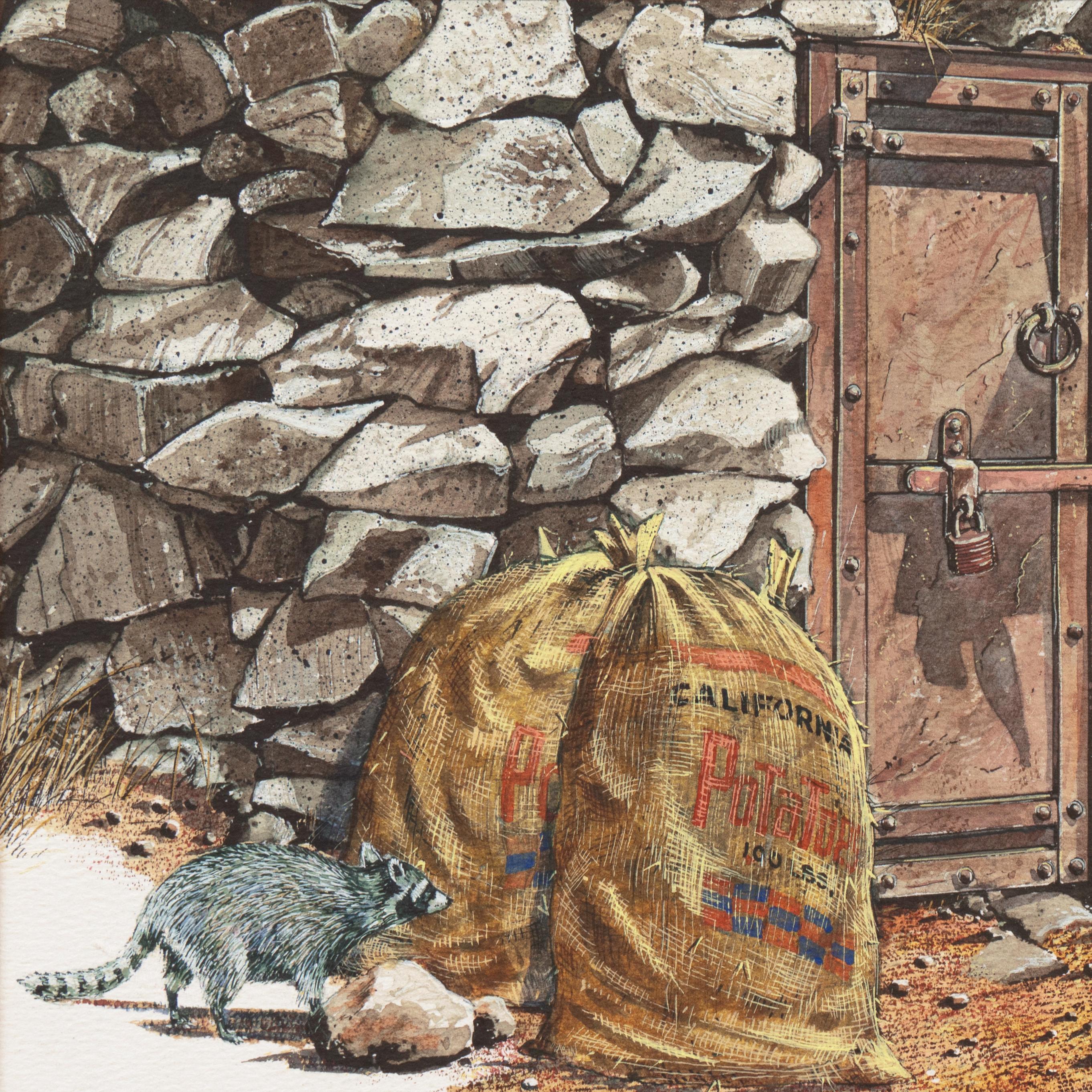 « The Little Bandit », California Raccoon, National Watercolor Society - Marron Landscape Art par Jack Bevier