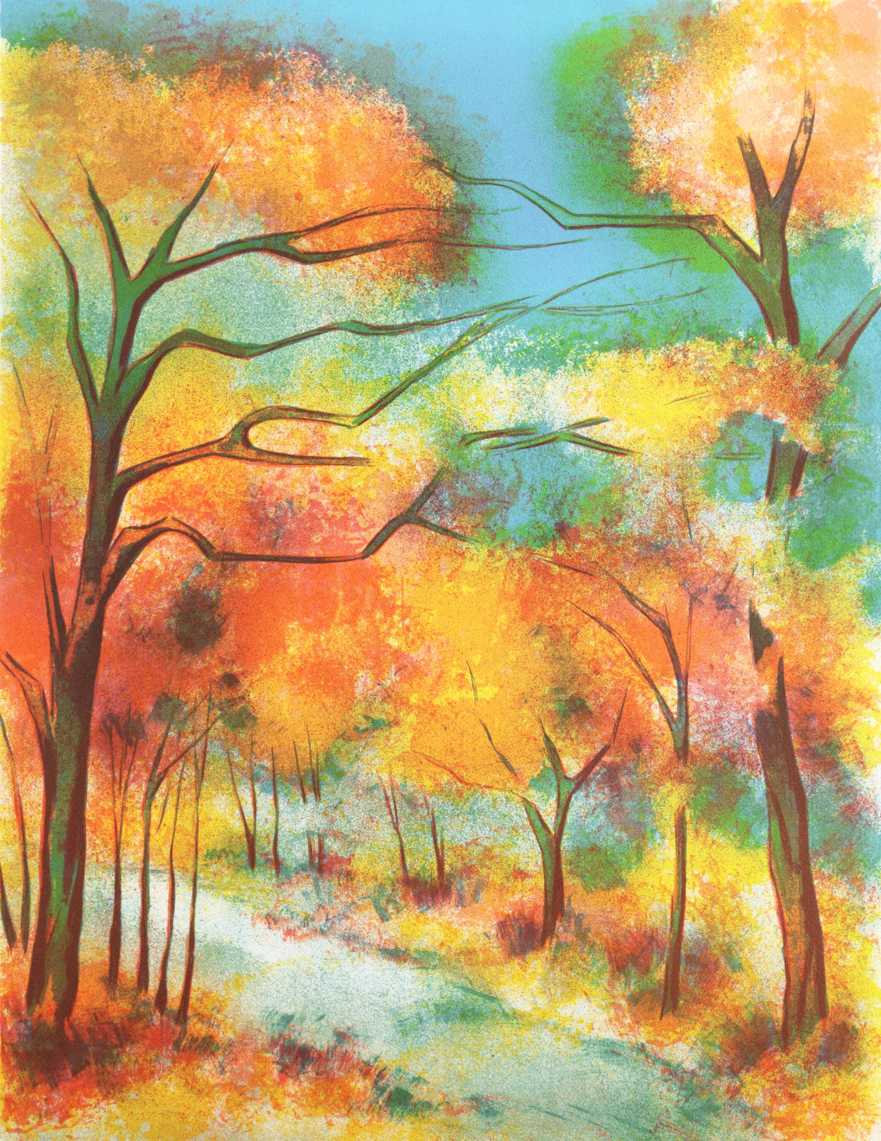 Victor Zarou Landscape Print -  'Autumn Colors', French Post-Impressionist Landscape, Academie Julian, Paris