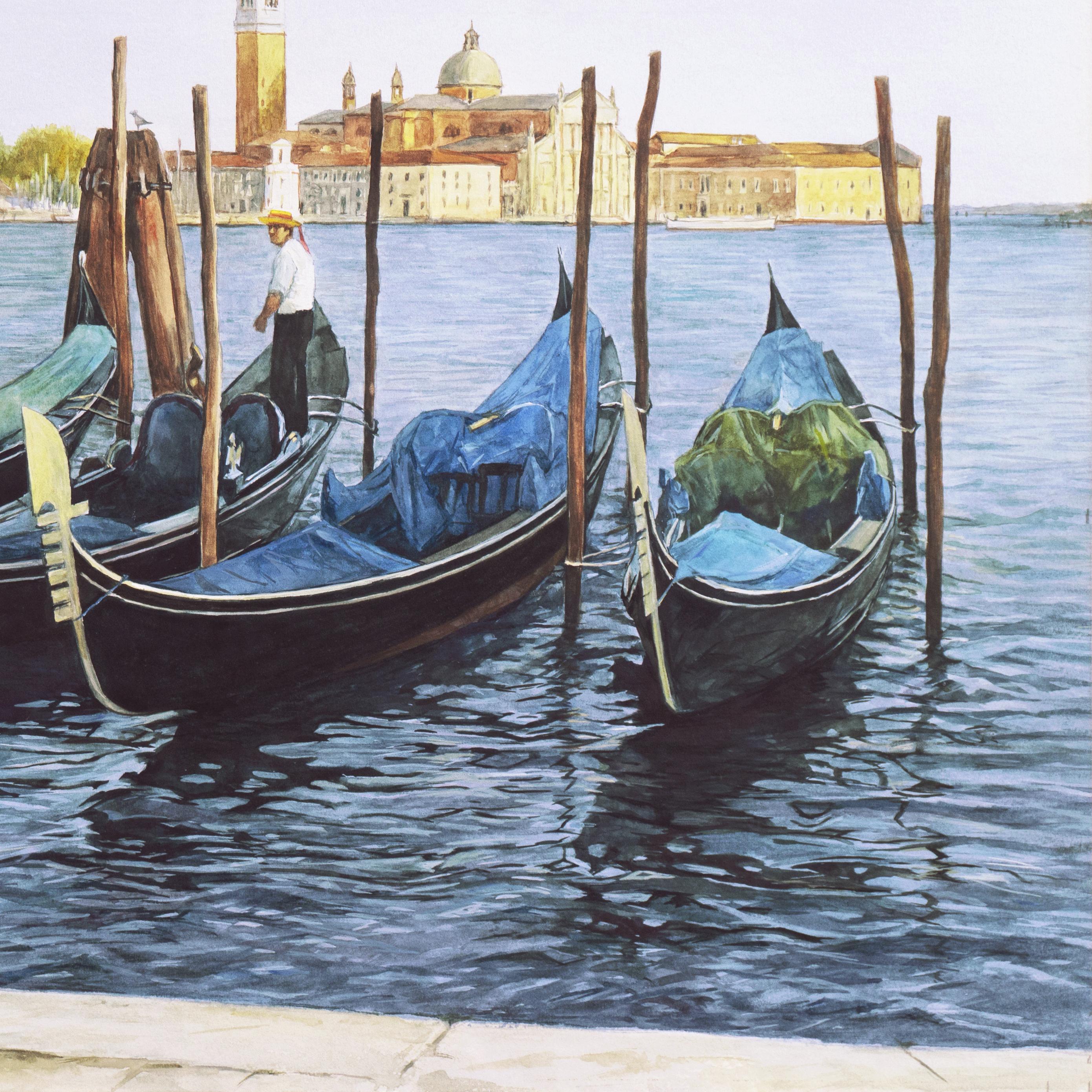 Signed lower left, 'Moesle' for Robert Moesle (American, b. 1932); additionally signed verso, titled 'Waiting Gondolier' and dated March 1998. 

A substantial and finely detailed watercolor showing a lone gondolier standing on his gondola beneath a