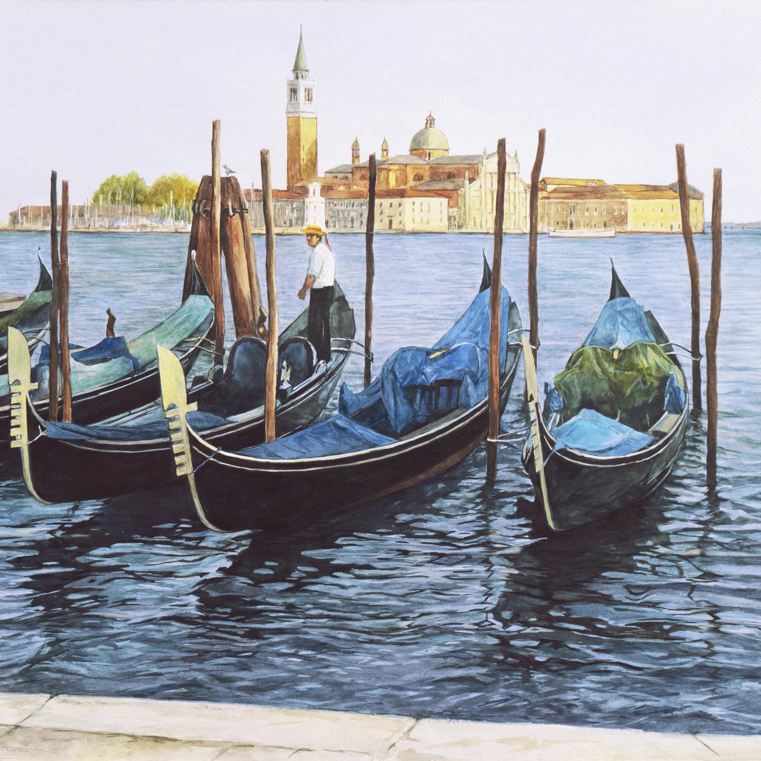 « Gondolas, San Giorgio Maggiore », Vedute vénitienne, Venise, école d'art de Ruskin - Gris Figurative Art par Robert Moesle