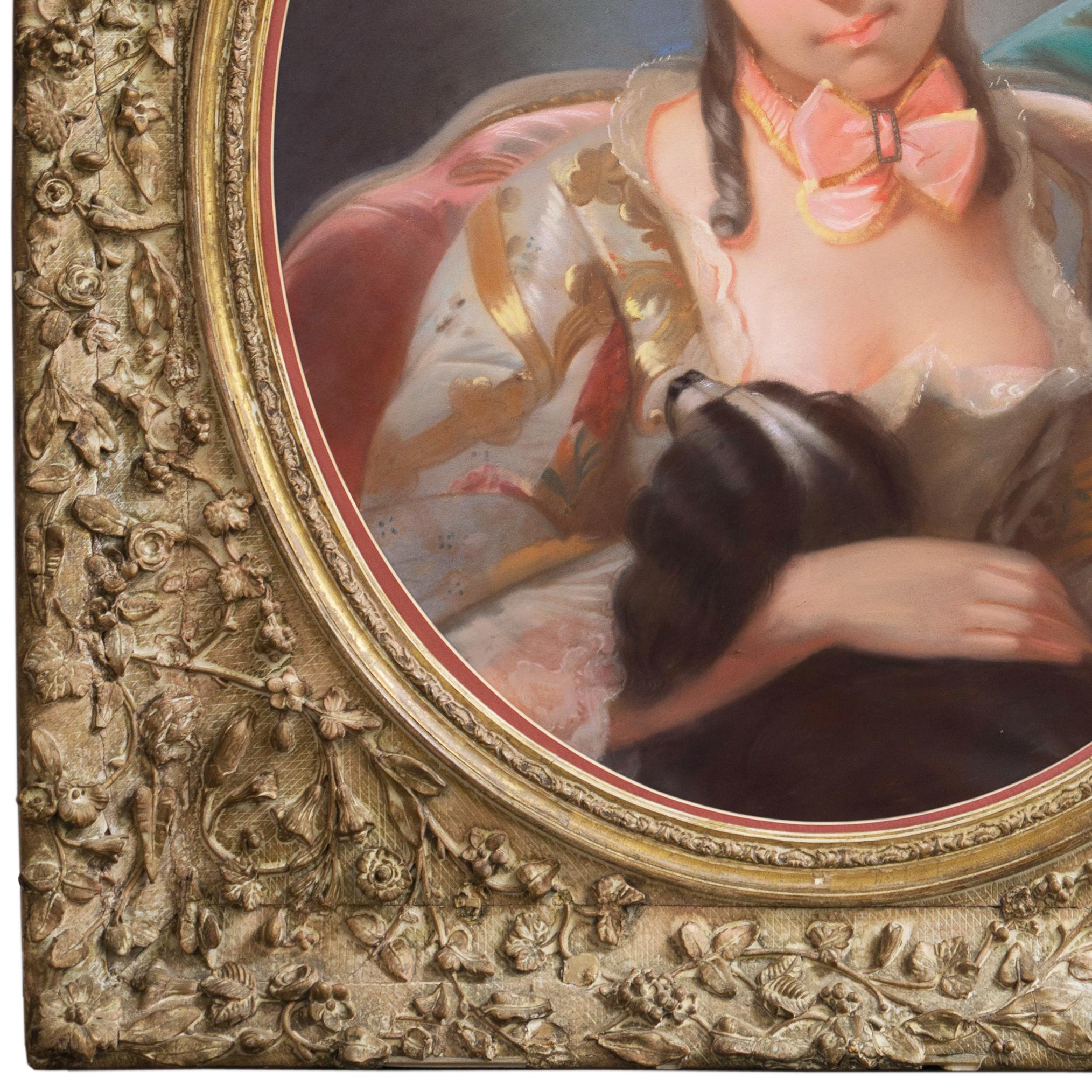 « Jeune fille avec un roi Charles Spaniel », école française, pastel néo-rococo - Rococo Art par Unknown