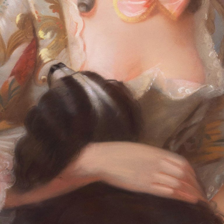 French School, 'Young Lady with a Spaniel', Louis XV Rococo Style Pastel For Sale 1