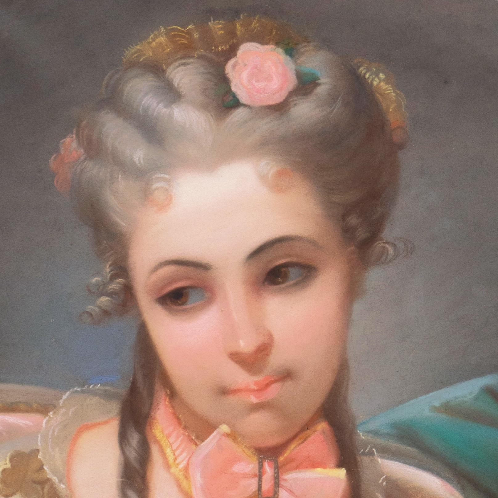 'Young Lady with a King Charles Spaniel', French School, Rococo Revival Pastel - Art by Unknown