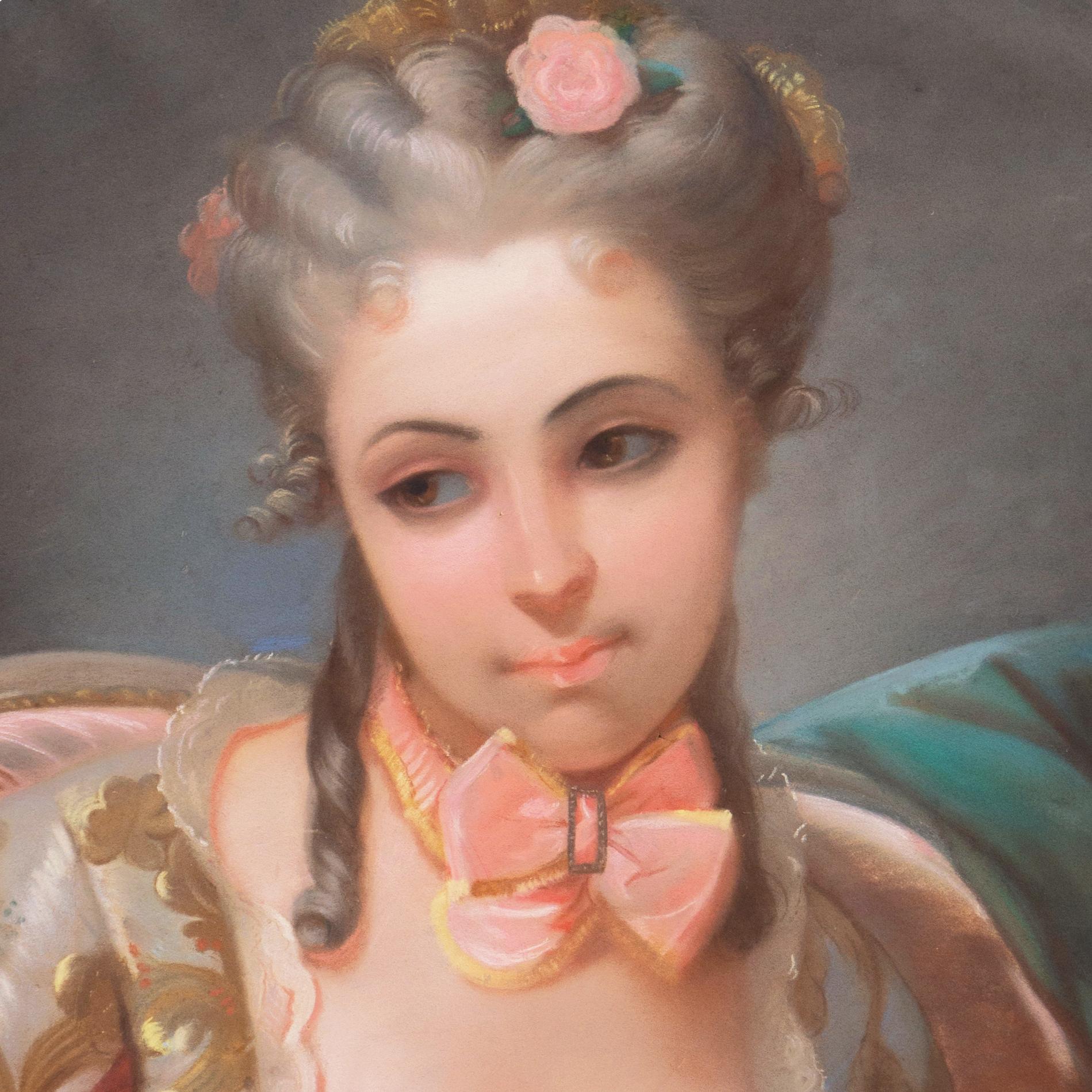 « Jeune fille avec un roi Charles Spaniel », école française, pastel néo-rococo en vente 1