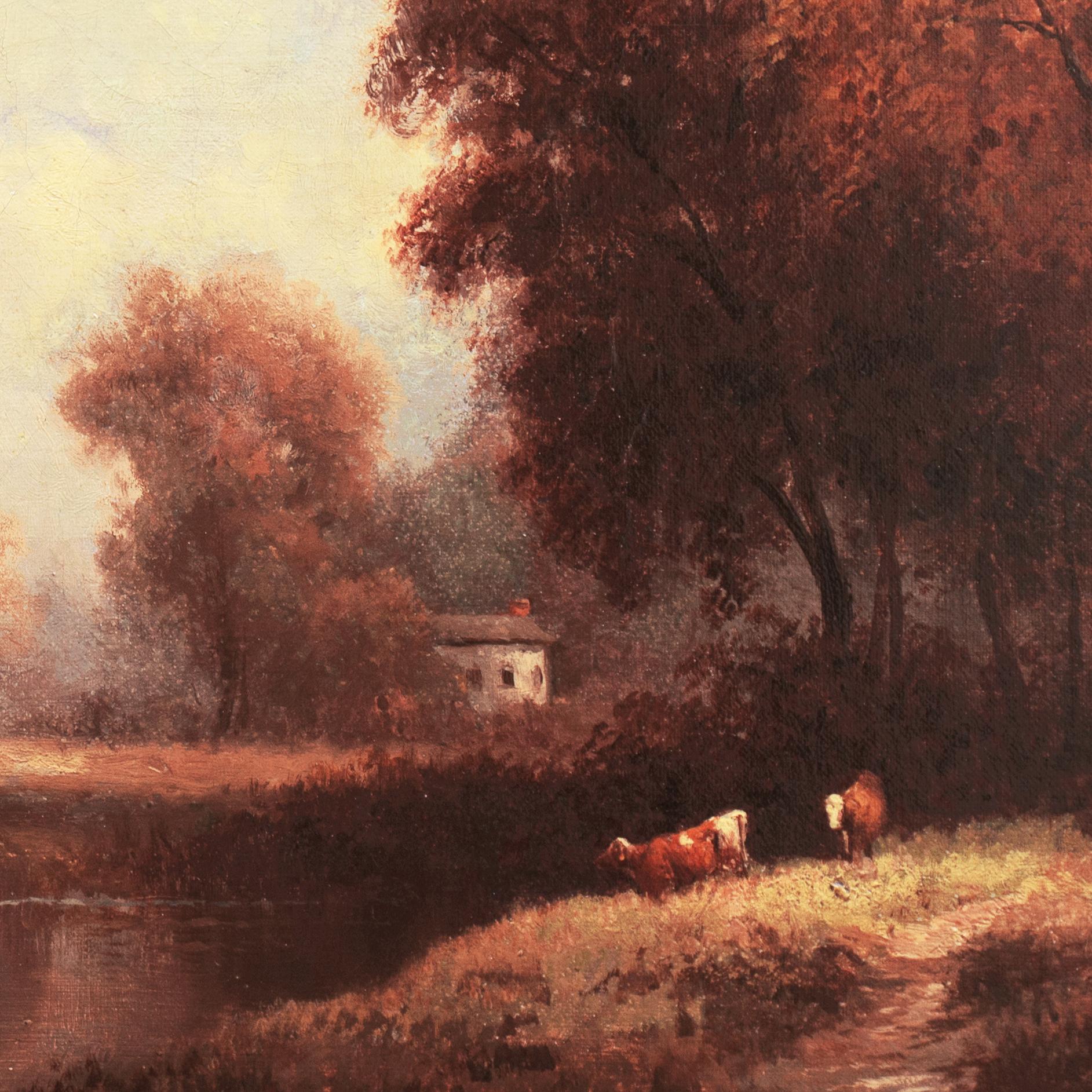 'Evening, River Landscape with Cattle', Barbizon, French School Oil  - Beige Landscape Painting by Unknown