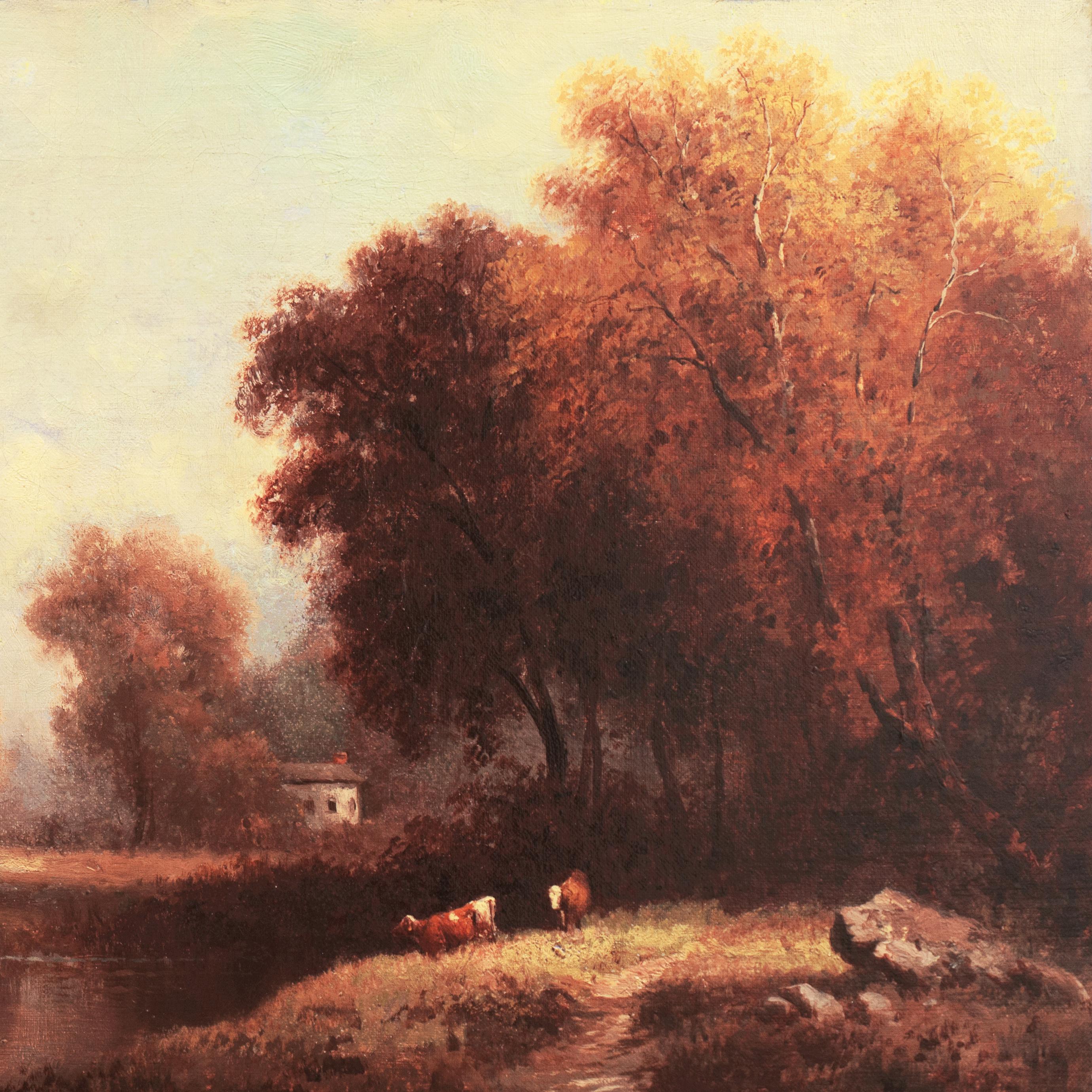 French School, indistinctly signed, lower right, and painted circa 1870.

A fine and atmospheric, late 19th-century river landscape showing an expansive, yet meditative, view of cows grazing beside a peaceful riverbank with a figure on the far shore
