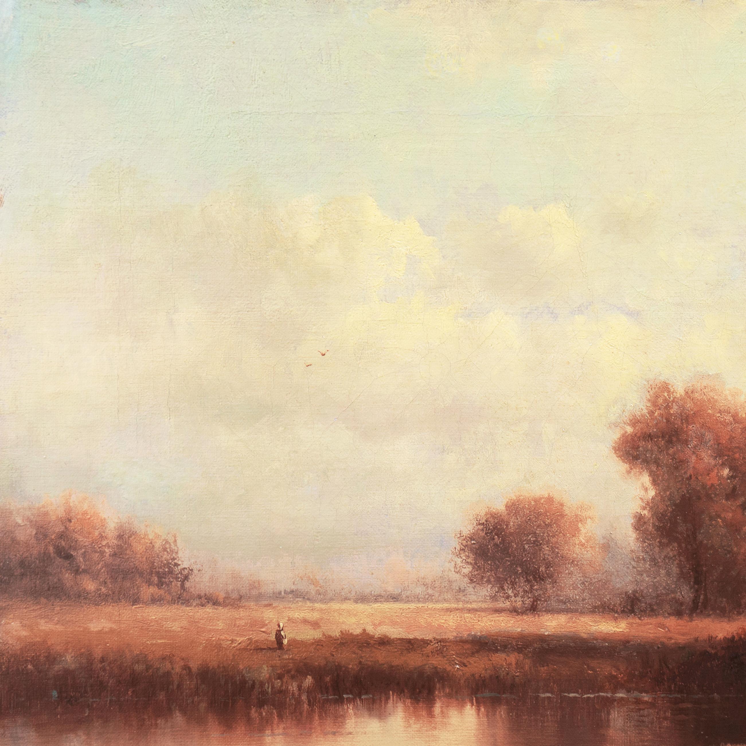 'Evening, River Landscape with Cattle', Barbizon, French School Oil  1