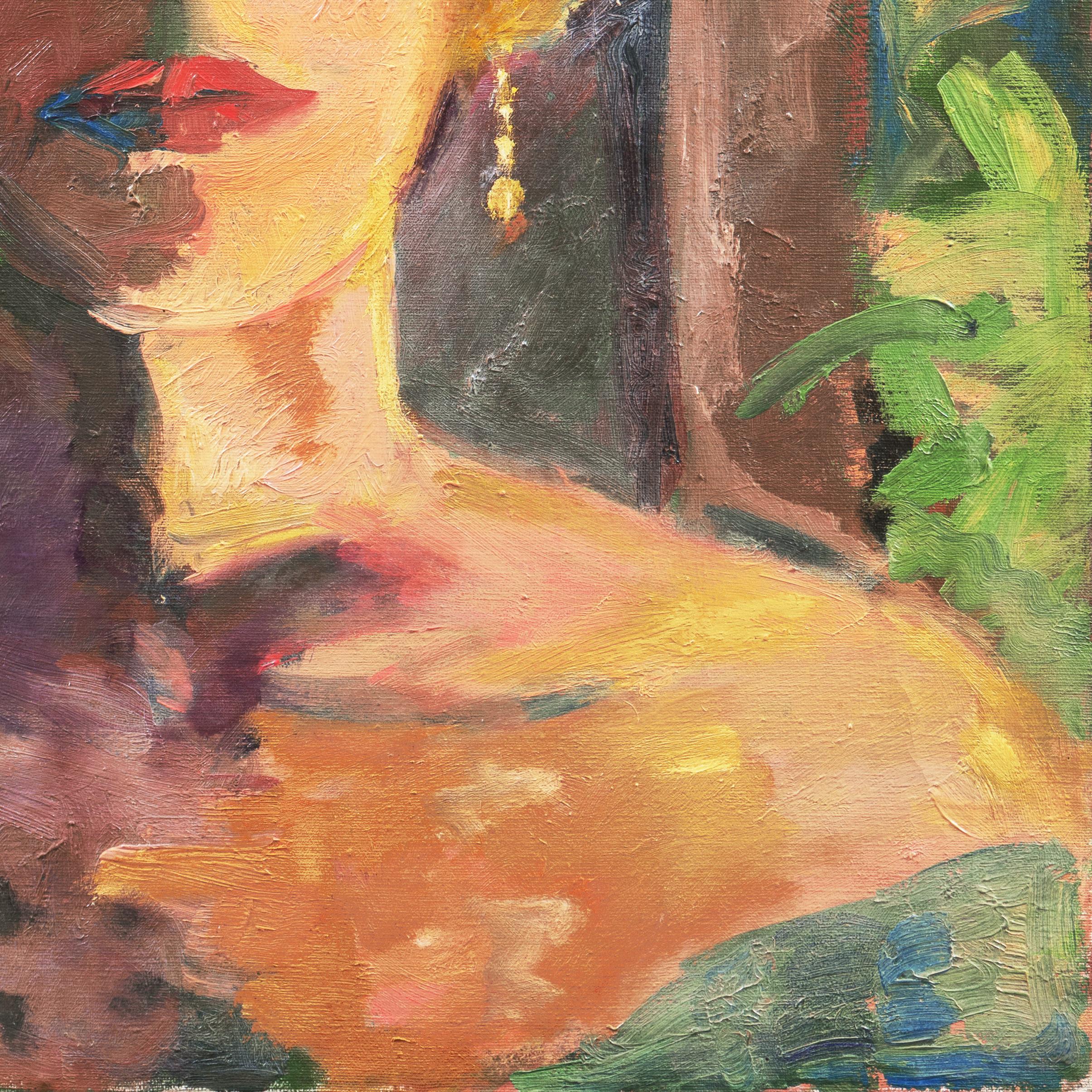 Signed verso, 'Douglass' and painted circa 1975.

A vibrant Expressionist study of a blonde woman in a formal dress shown head and shoulders and gazing directly towards the viewer against a background of trees.