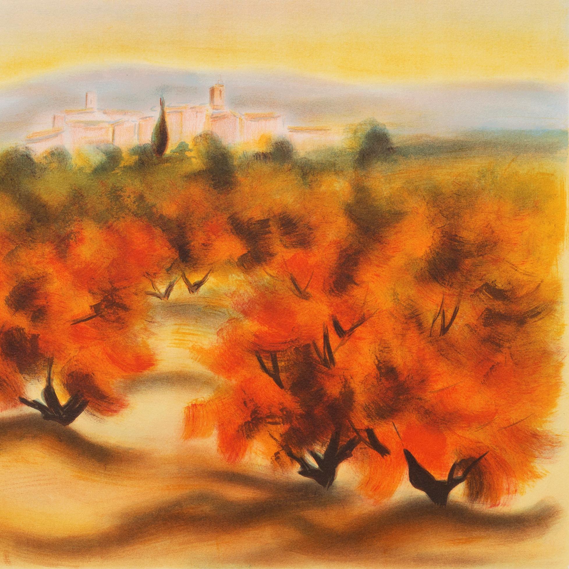 'Lourmarin', French Post-Impressionist, Provence, Academie Julian, Paris Salon - Orange Landscape Print by Victor Zarou