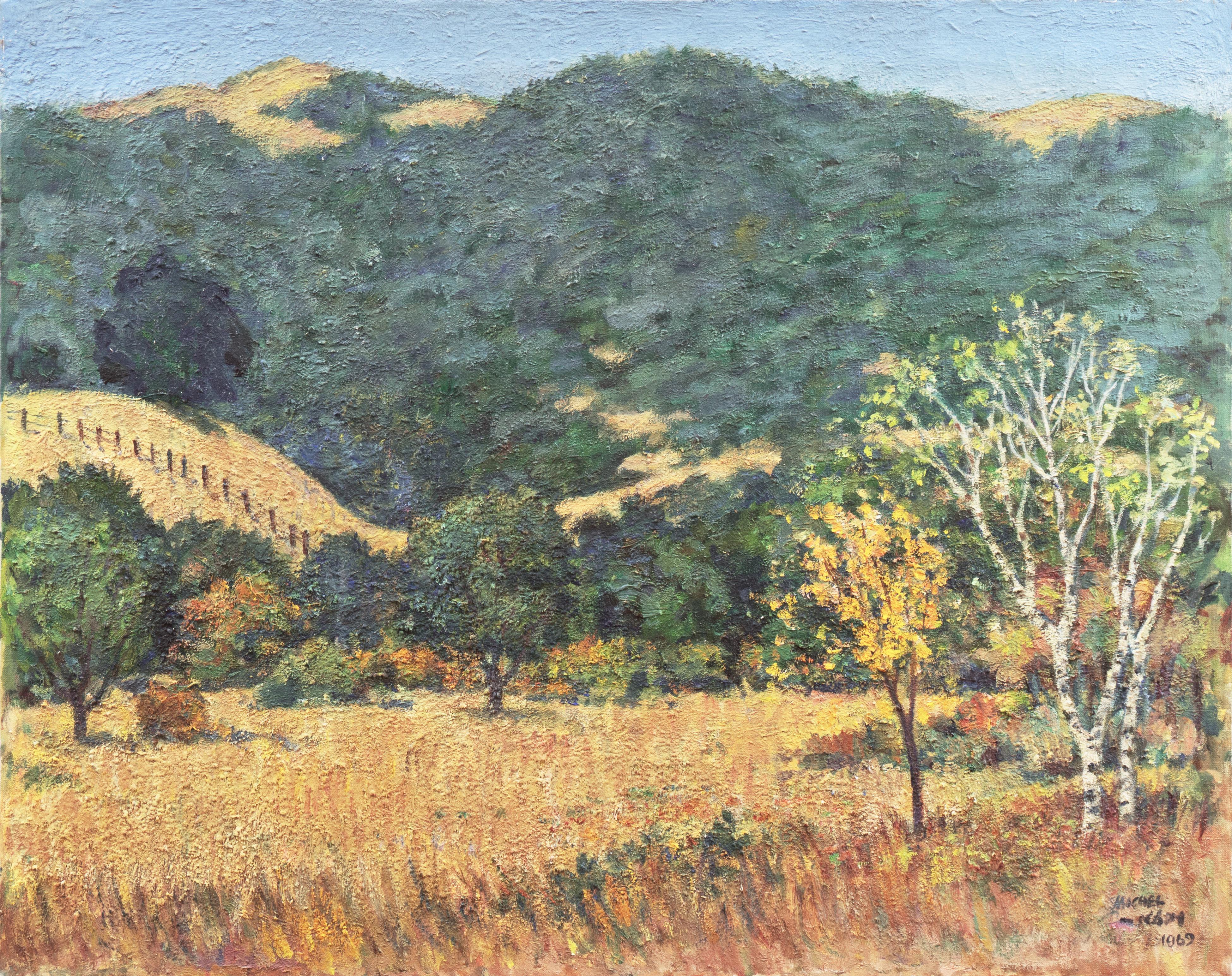 Golden California Impressionist Landscape, Springtime with Birch and Oak Trees - Art by Michel Kady