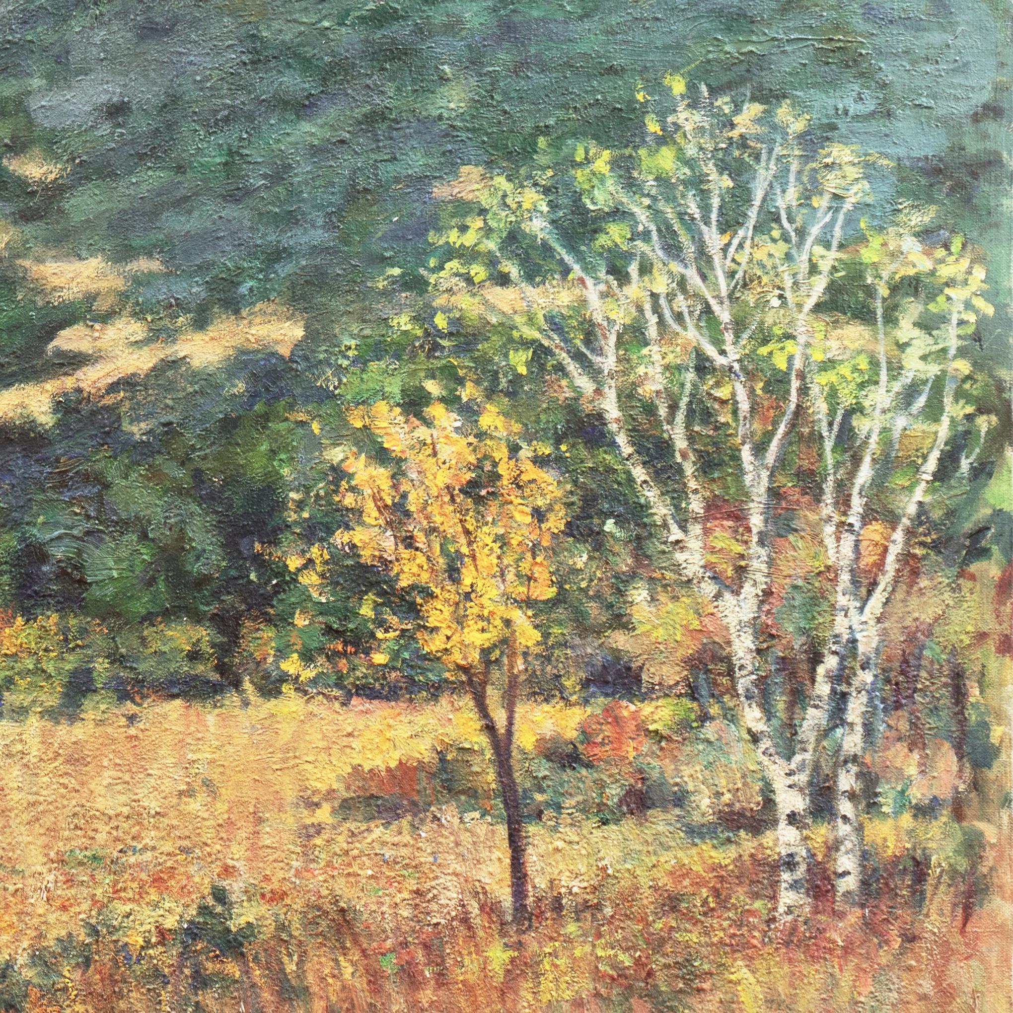 Golden California Impressionist Landscape, Springtime with Birch and Oak Trees - Brown Landscape Art by Michel Kady