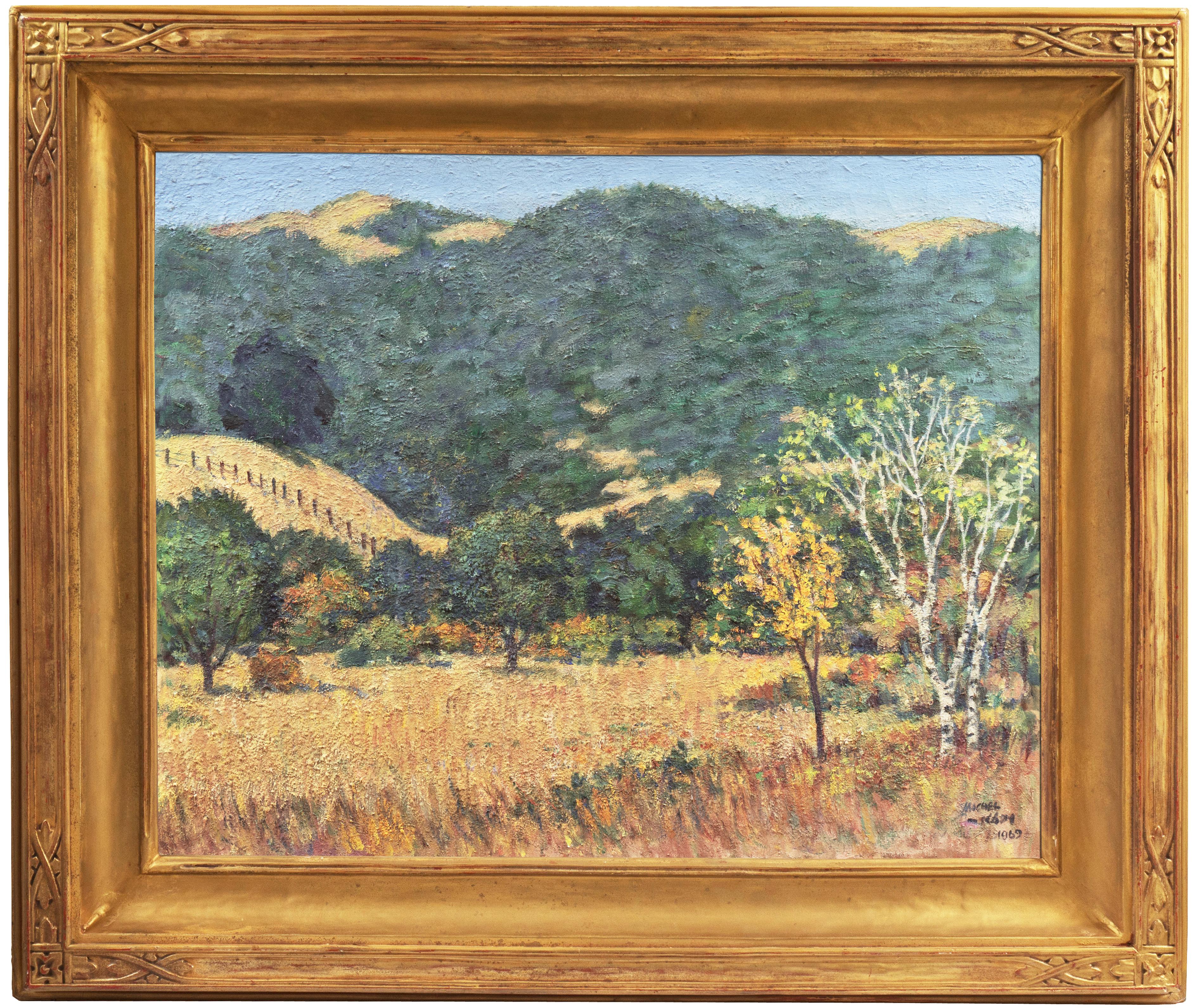 Michel Kady Landscape Art - Golden California Impressionist Landscape, Springtime with Birch and Oak Trees