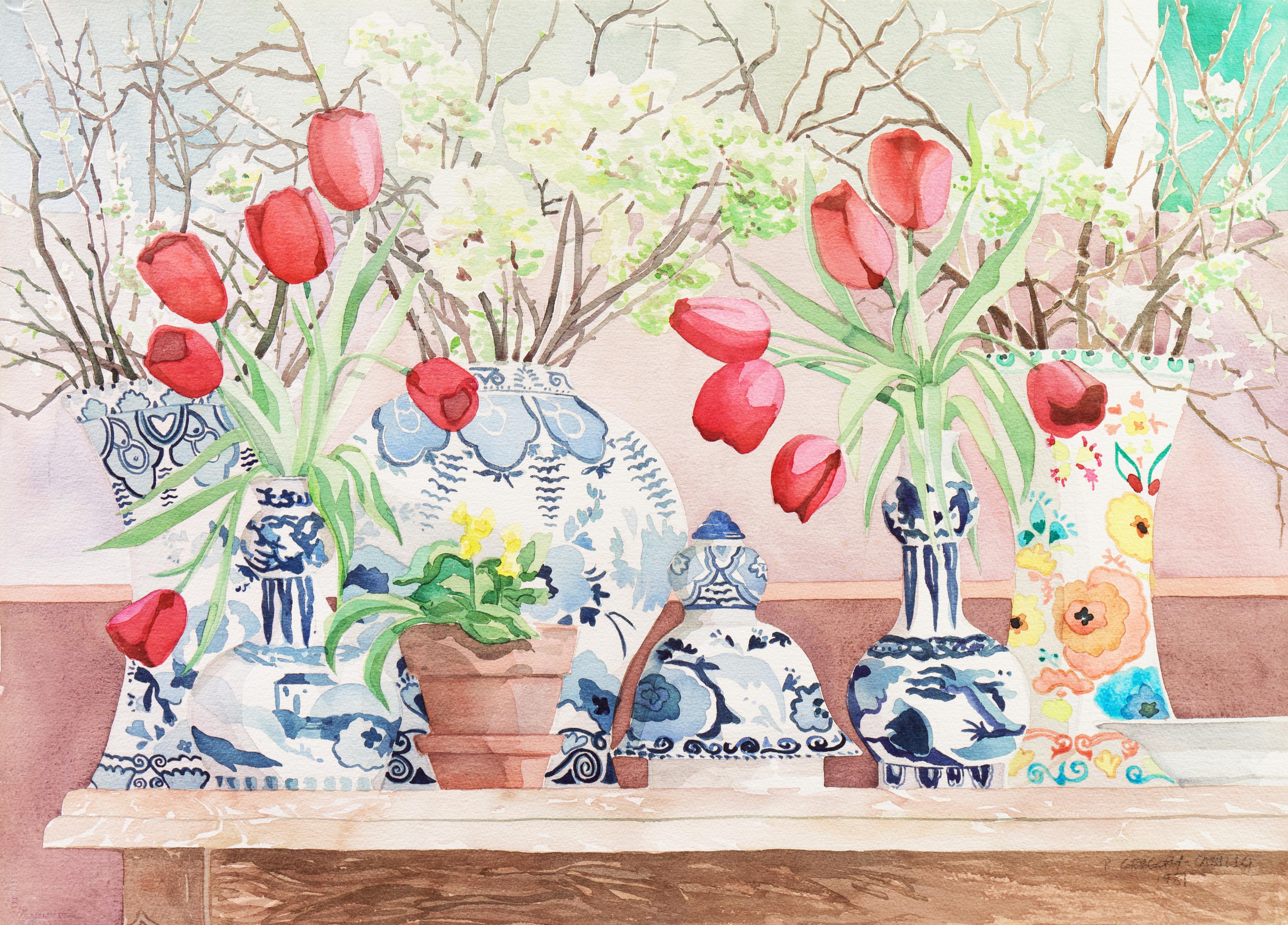 Gregory Casillo Interior Art - Red Tulips in Blue and White Porcelain 