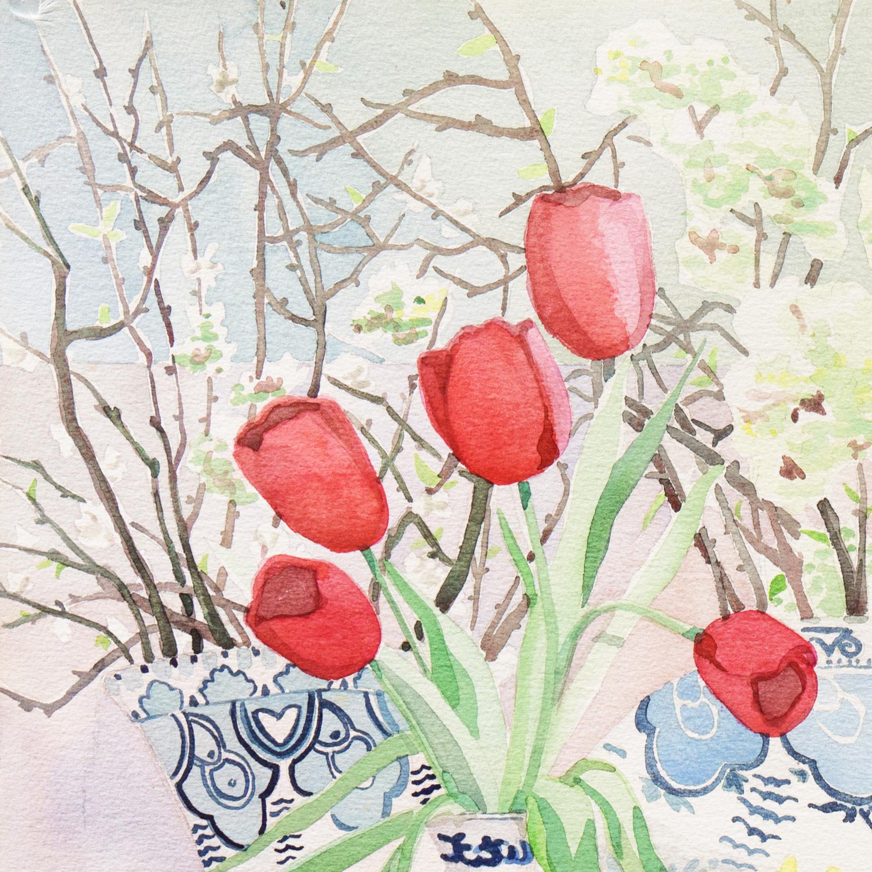Red Tulips in Blue and White Porcelain  - Realist Art by Gregory Casillo