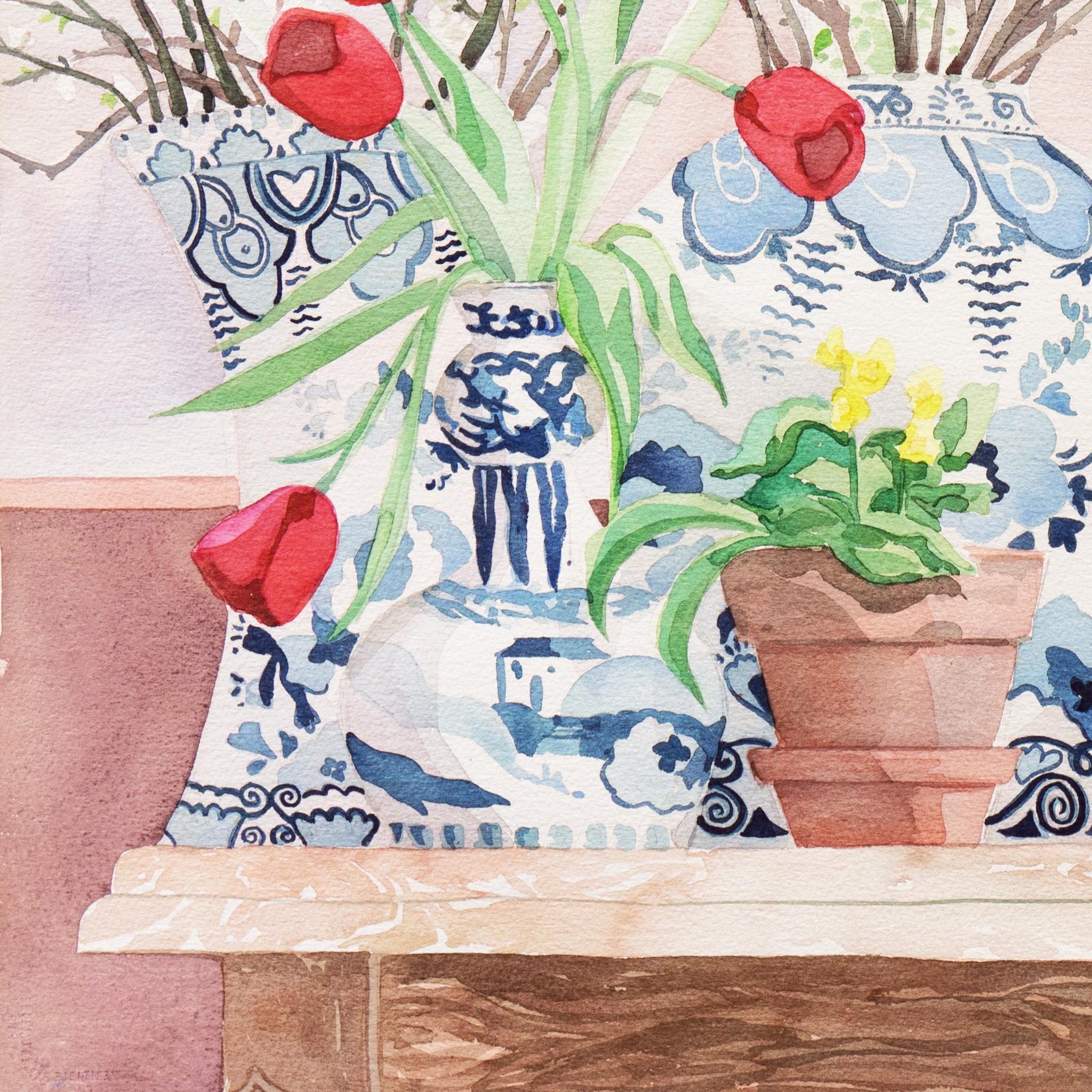 Red Tulips in Blue and White Porcelain  - Beige Interior Art by Gregory Casillo