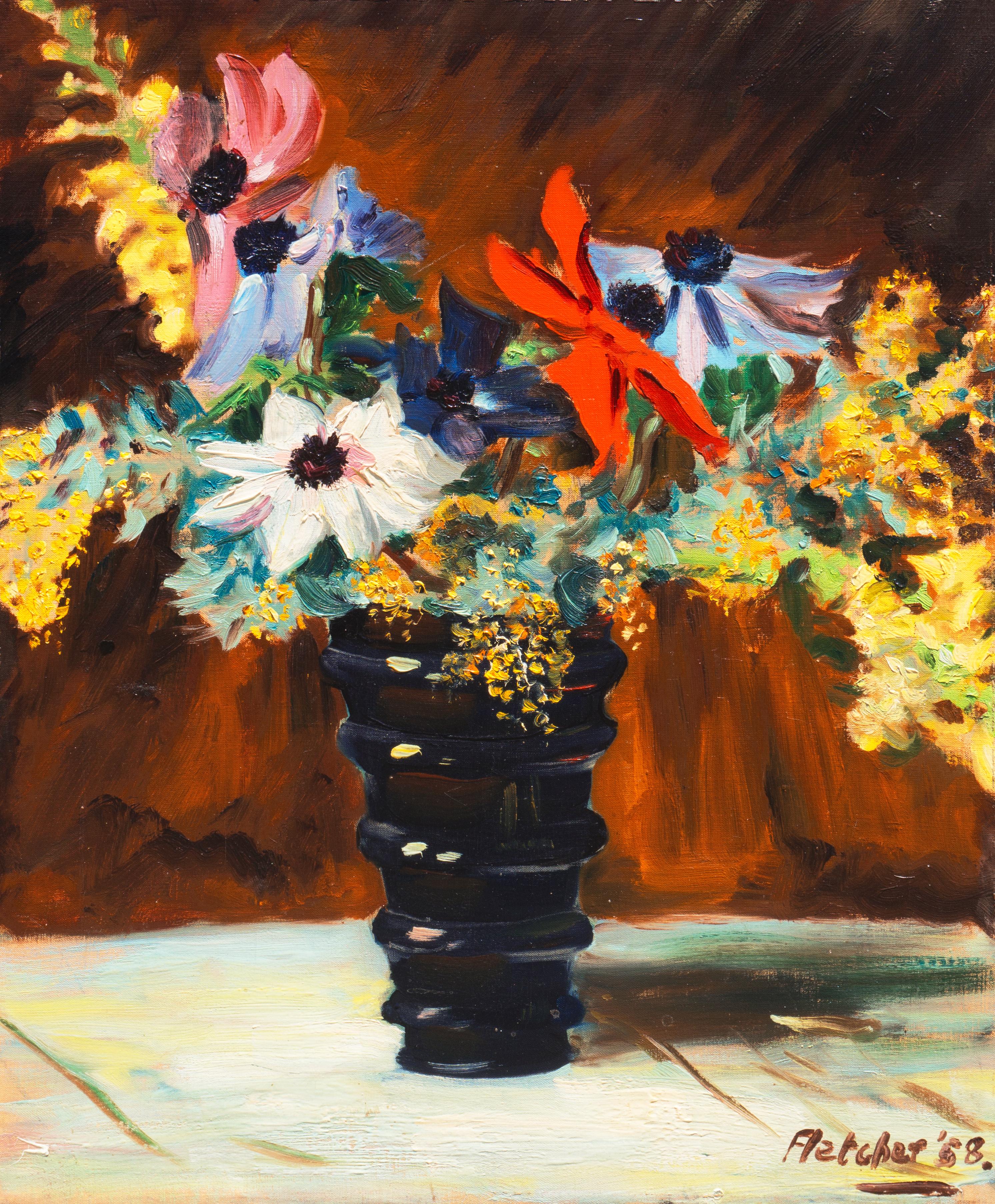 'Dahlias and Wildflowers', Mid-Century oil still life - Brown Still-Life Painting by Fletcher