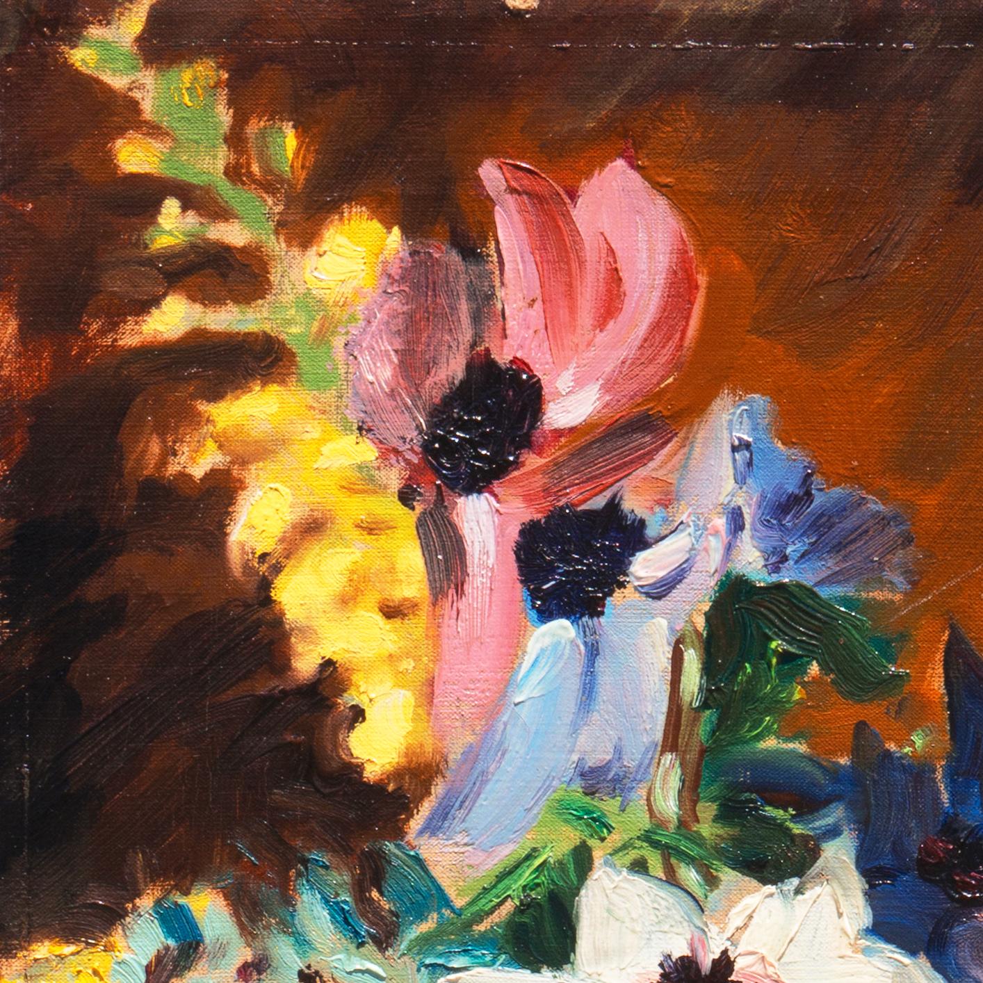 Signed lower right, 'Fletcher' (American, 20th century) and dated 1958.

A vibrant, mid-century Post-Impressionist still life showing a view of Bishop dahlias and yellow wildflowers contrasted against a variegated brown background. 