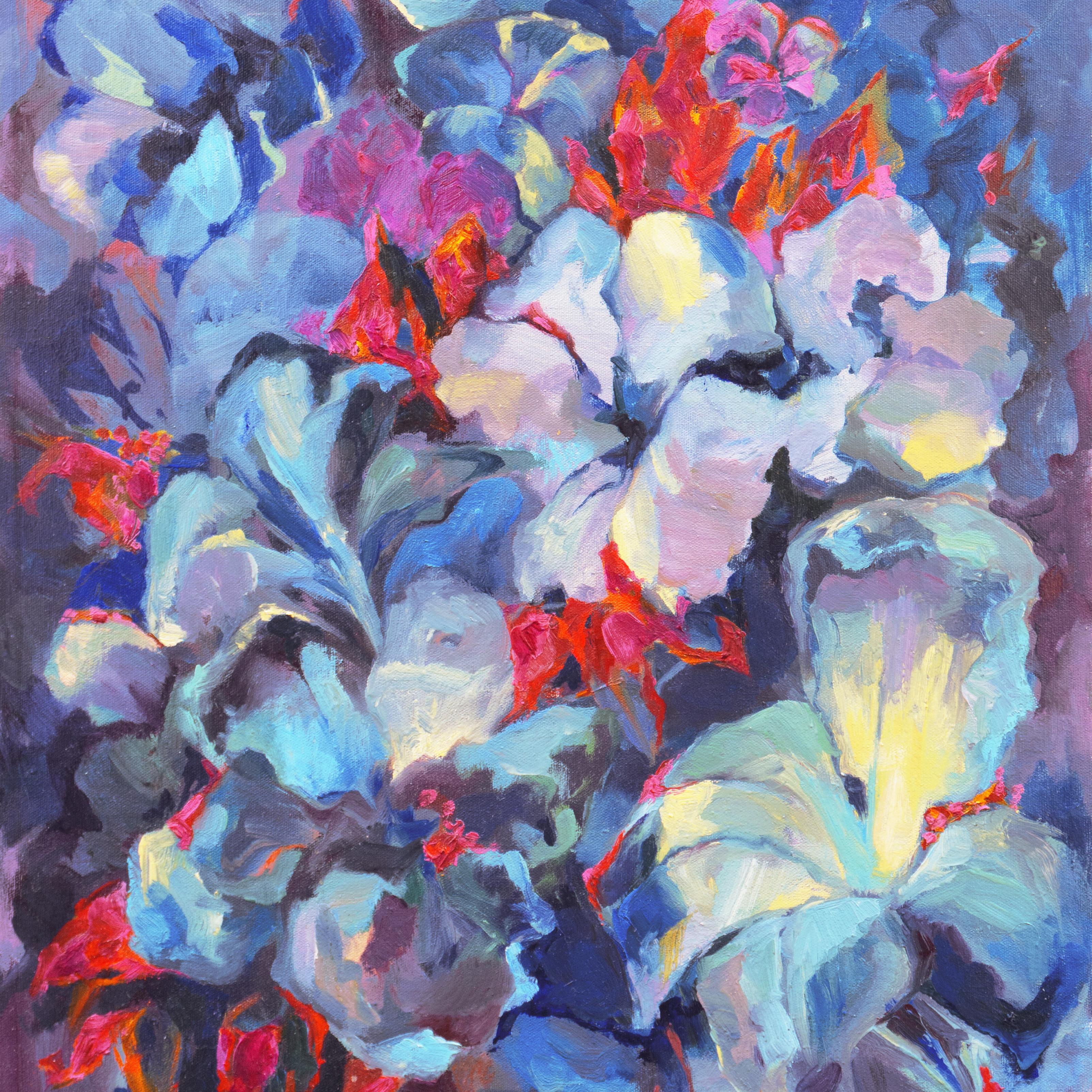 „Blumen abstrakt, blau und Koralle“, postimpressionistisches Stillleben (Abstrakt), Painting, von Nira Moblad