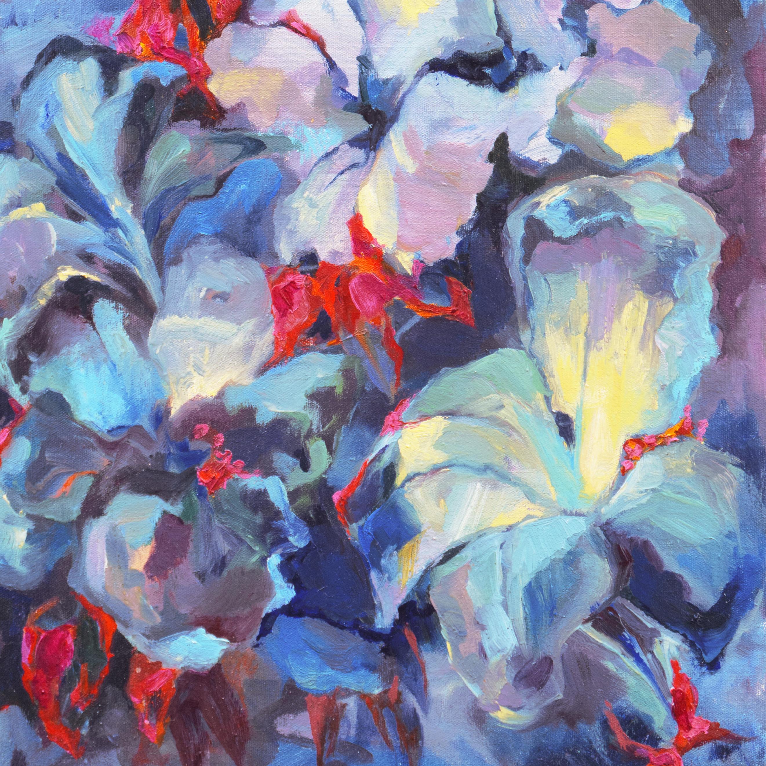 „Blumen abstrakt, blau und Koralle“, postimpressionistisches Stillleben im Angebot 2