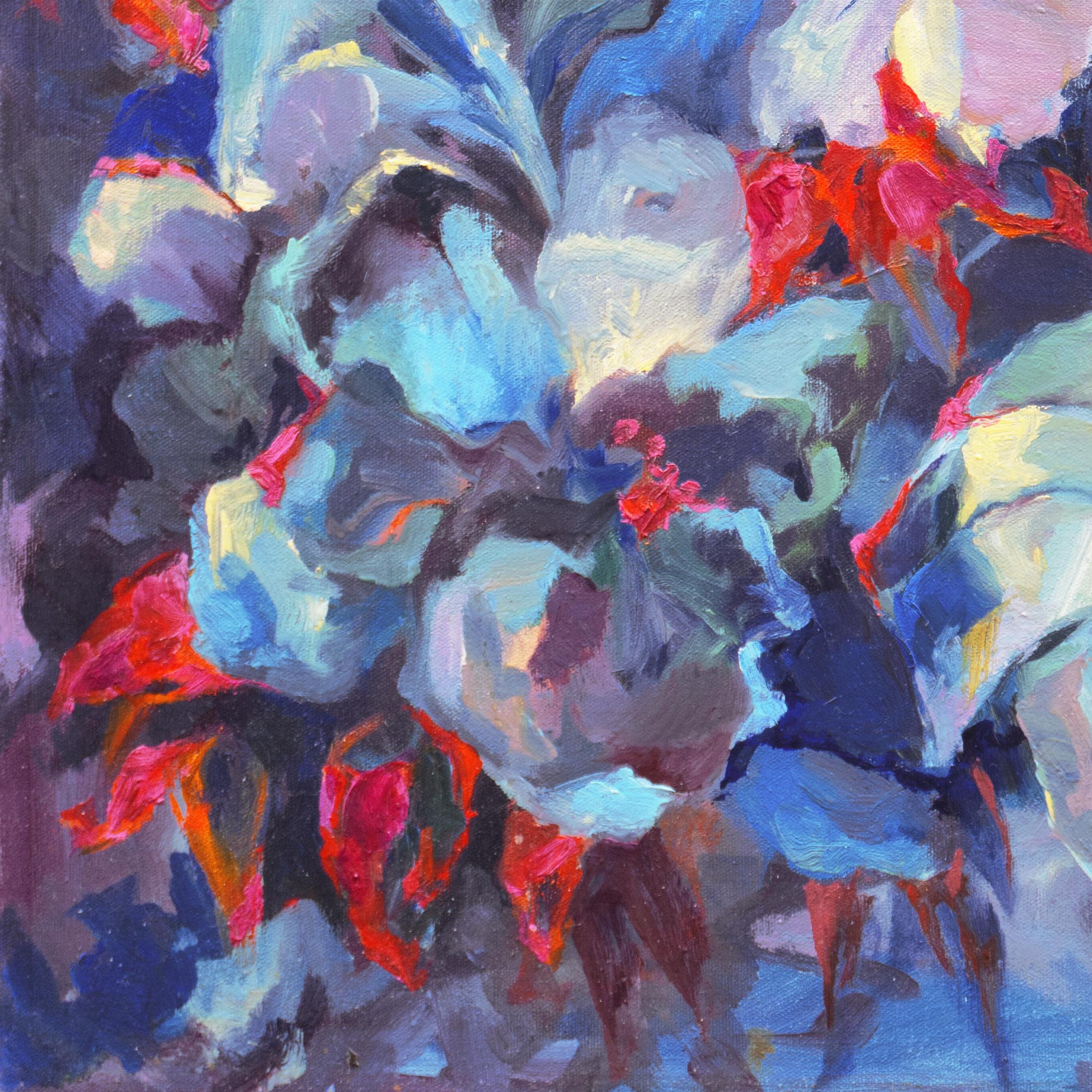 Signed lower right, 'Nira Moblad' ( American, 1920-1993) and dated 1964; additionally signed verso.

A substantial and dynamic, semi-abstracted oil still-life of Lilies and Honeysuckle by this Pasadena born artist who subsequently lived and painted