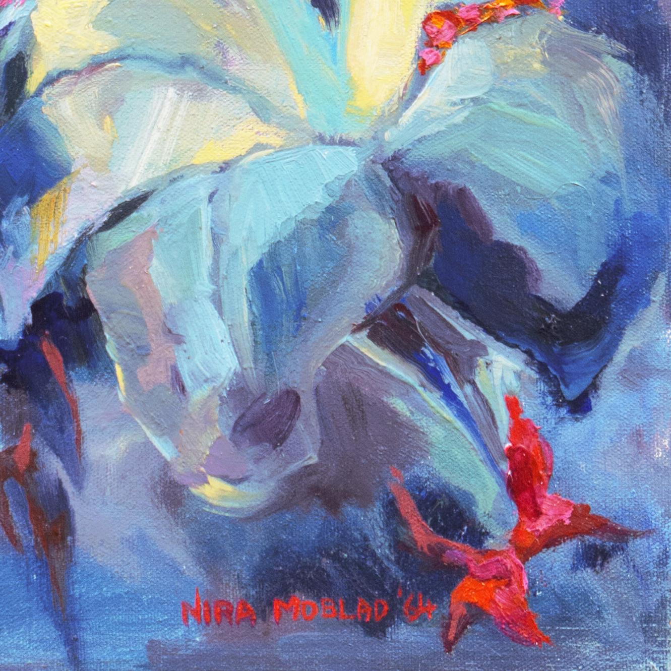 „Blumen abstrakt, blau und Koralle“, postimpressionistisches Stillleben – Painting von Nira Moblad