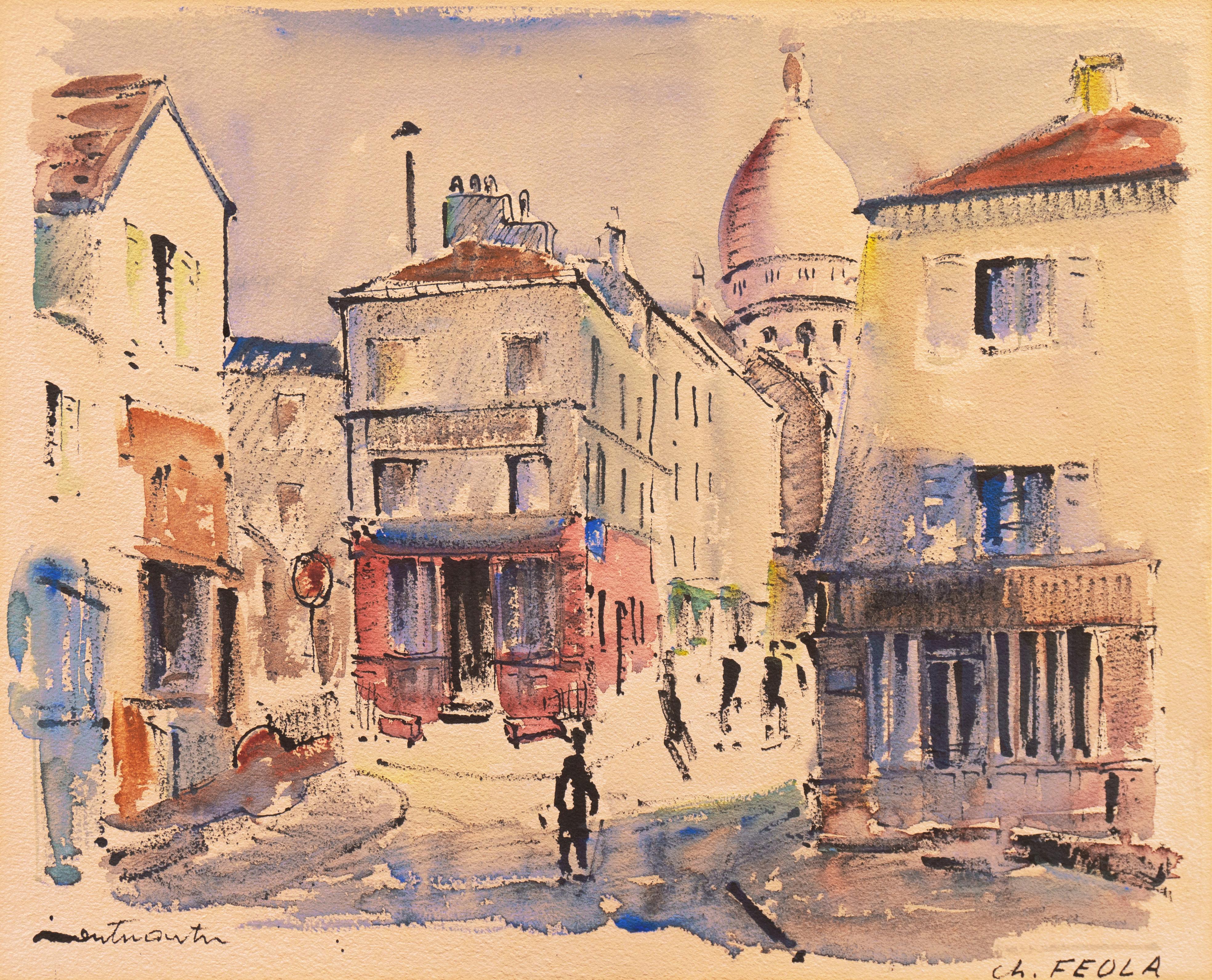Charles Feola Figurative Art - 'Modernist View of Place du Tertre, Montmartre', Mid-century Paris 
