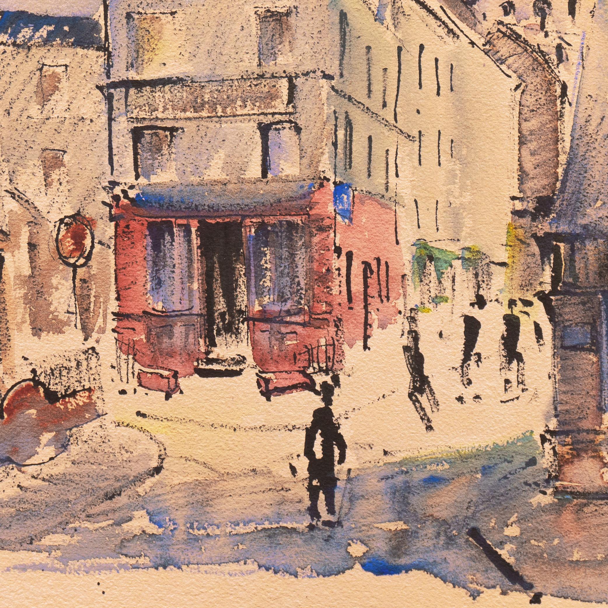 Signed lower right, 'Ch. Feola' for Charles Feola (French, 1917-1994) and painted circa 1950; additionally titled lower left, 'Montmartre'. 

An elegant and calligraphic,  mid-century, gouache showing a view of the Place du Tertre in Montmartre with