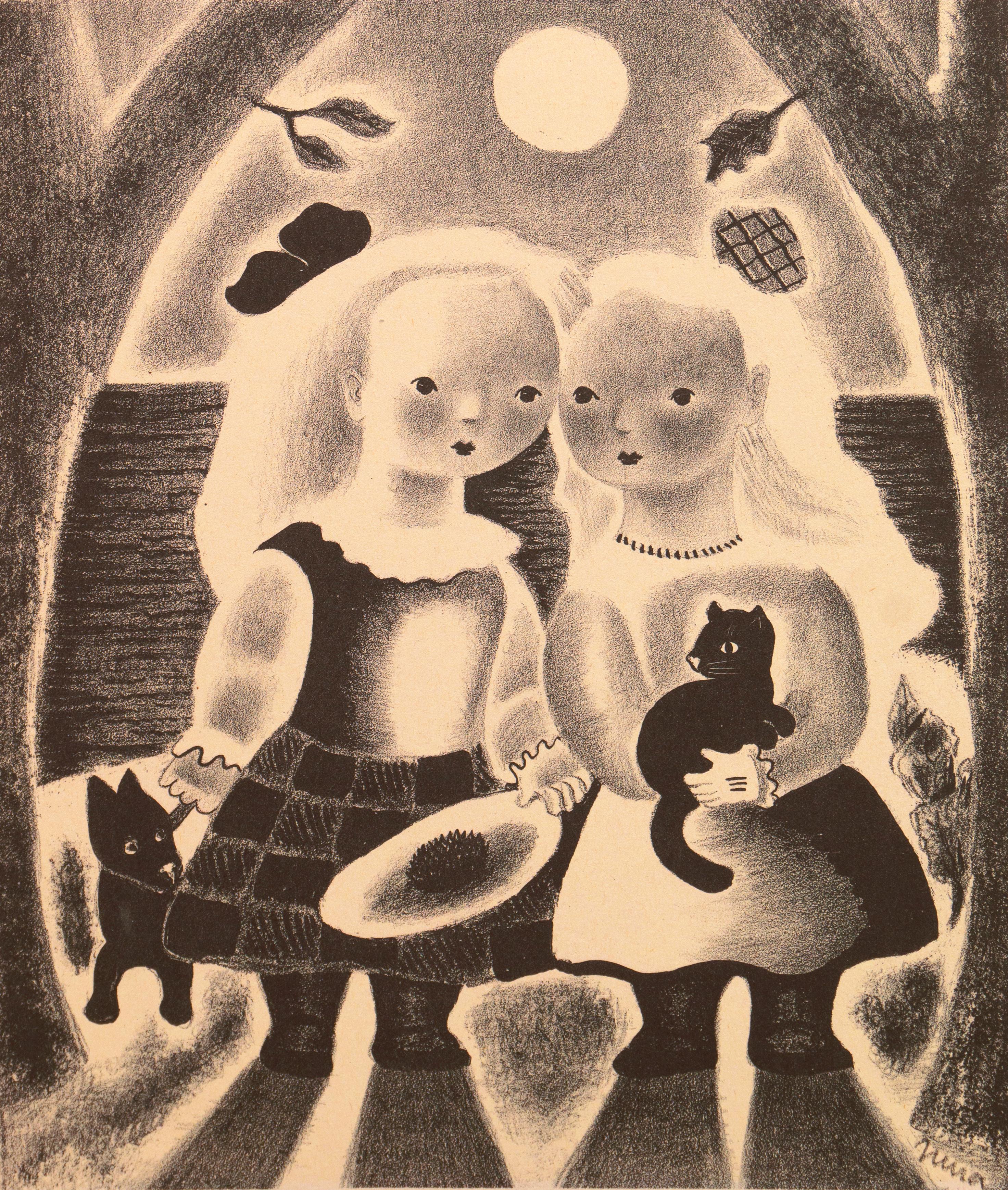 Nura Ulreich Figurative Print - 'Peggy and Dot', Art Deco Sisters, Woman Artist, AIC, Paris, Salon d'Automne