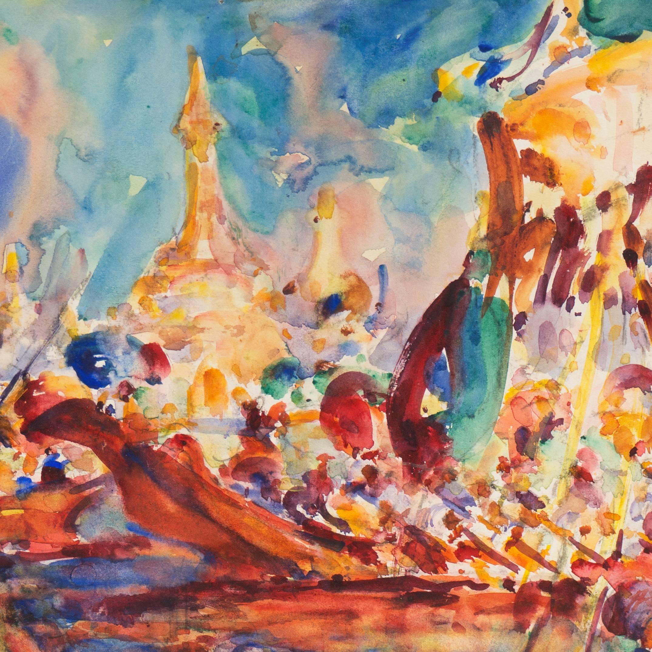 Post Impressionist Burmese Water Pageant; Myanmar by Carmel Artist; PAFA, AIC 2
