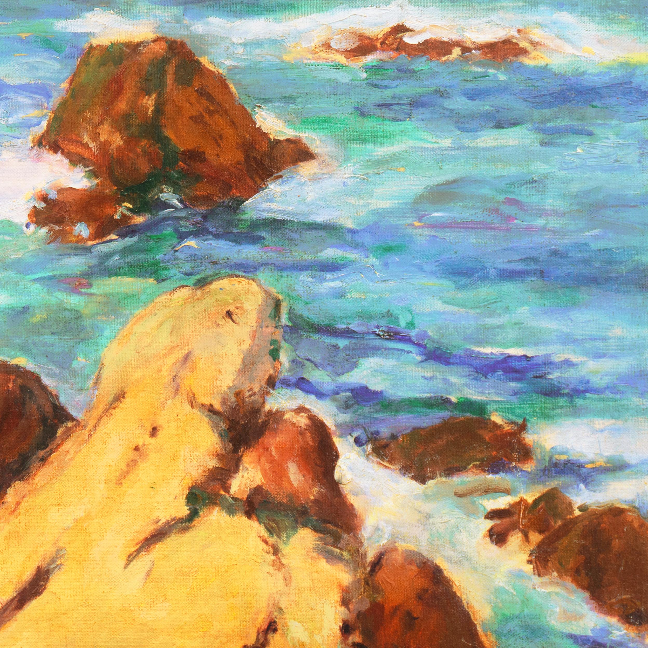 'Coastal Breakers', Post-Impressionist Mid-century Oil, Woman Artist - Gray Landscape Painting by Mary Juergens