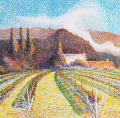 'Vineyard in Tuscany', Pointillist Landscape, Post-Impressionist, Modernist Oil