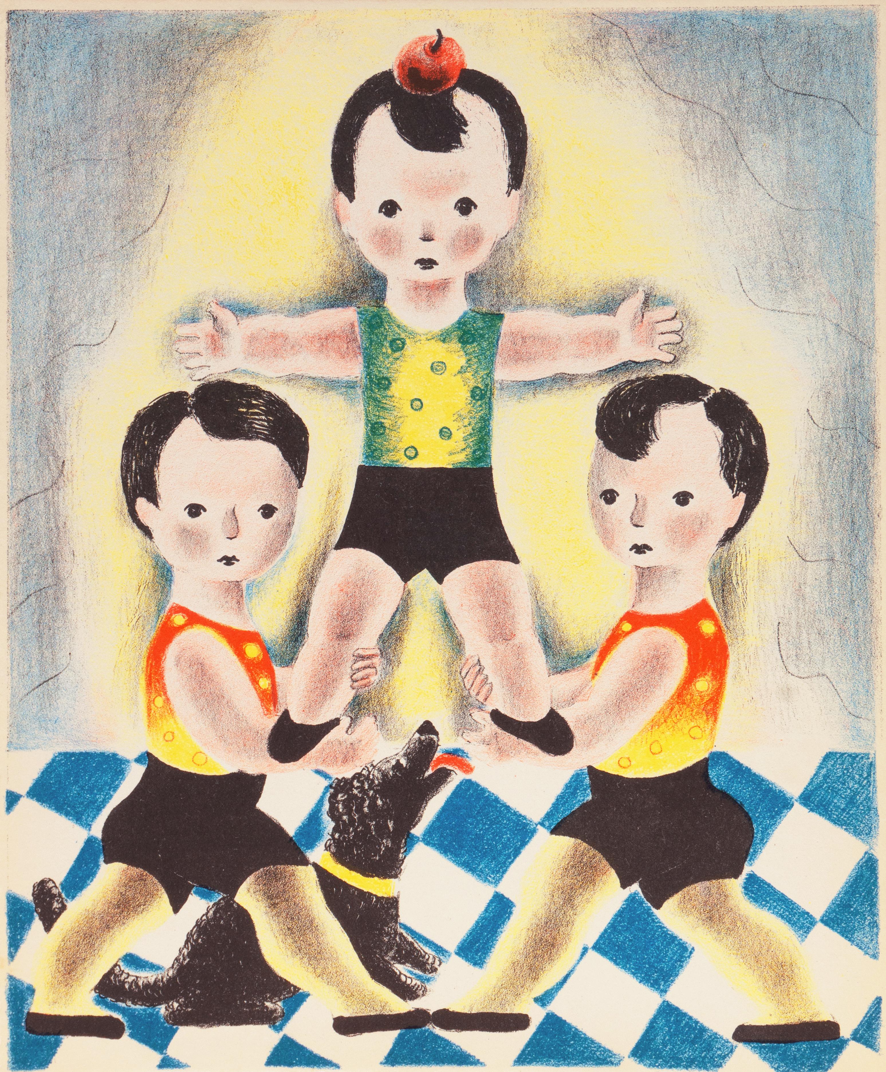 A bright, hand-colored stone lithograph titled 'Tom, Dick and Harry' by Nura Woodson Ulreich (American, 1899-1950), created in 1943 and with certification of authenticity stamped verso. Accompanied by the artist's poem.

This illustrator, muralist,