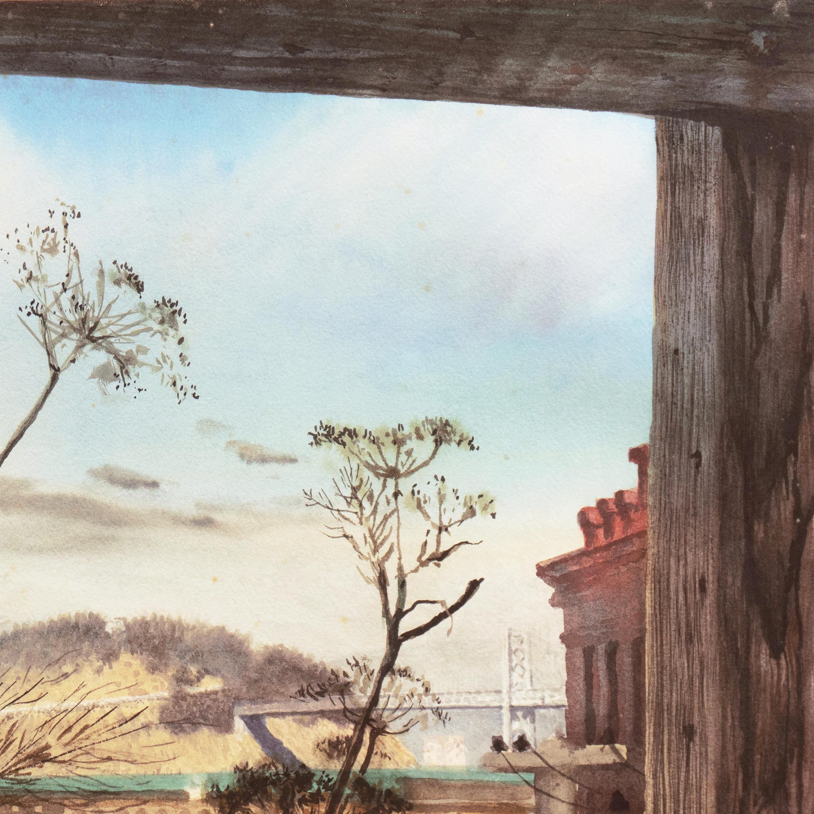 'Yerba Buena from Telegraph Hill', San Francisco, Bay Bridge, California - Gray Landscape Art by Carl Niederer