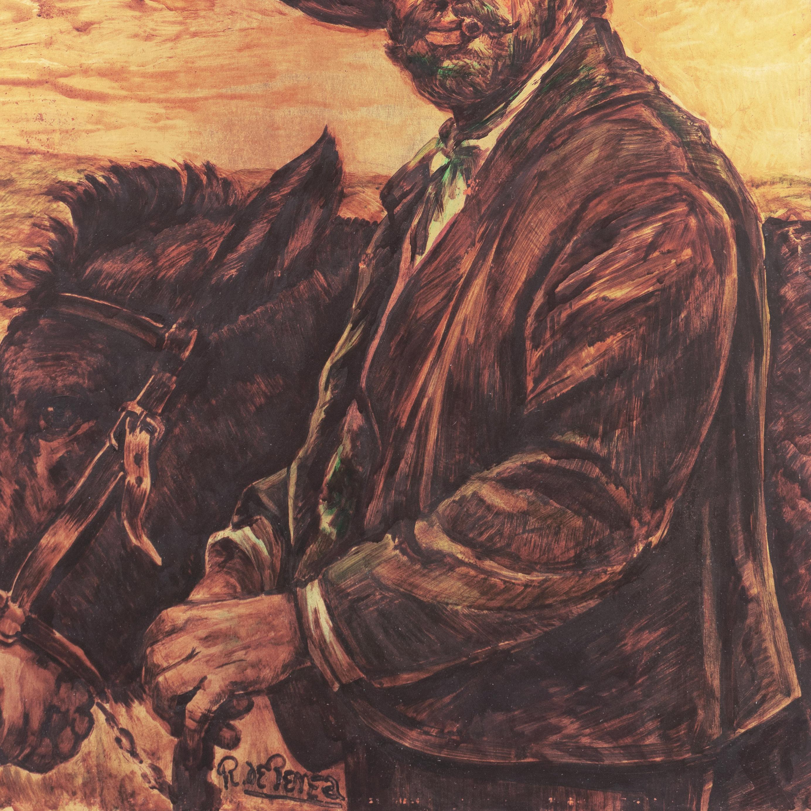 A finely painted study of the subject combined with a sensitive animal portrait.
Signed lower center, 'R. de Perea' (Spanish, 20th century) and painted circa 1960.