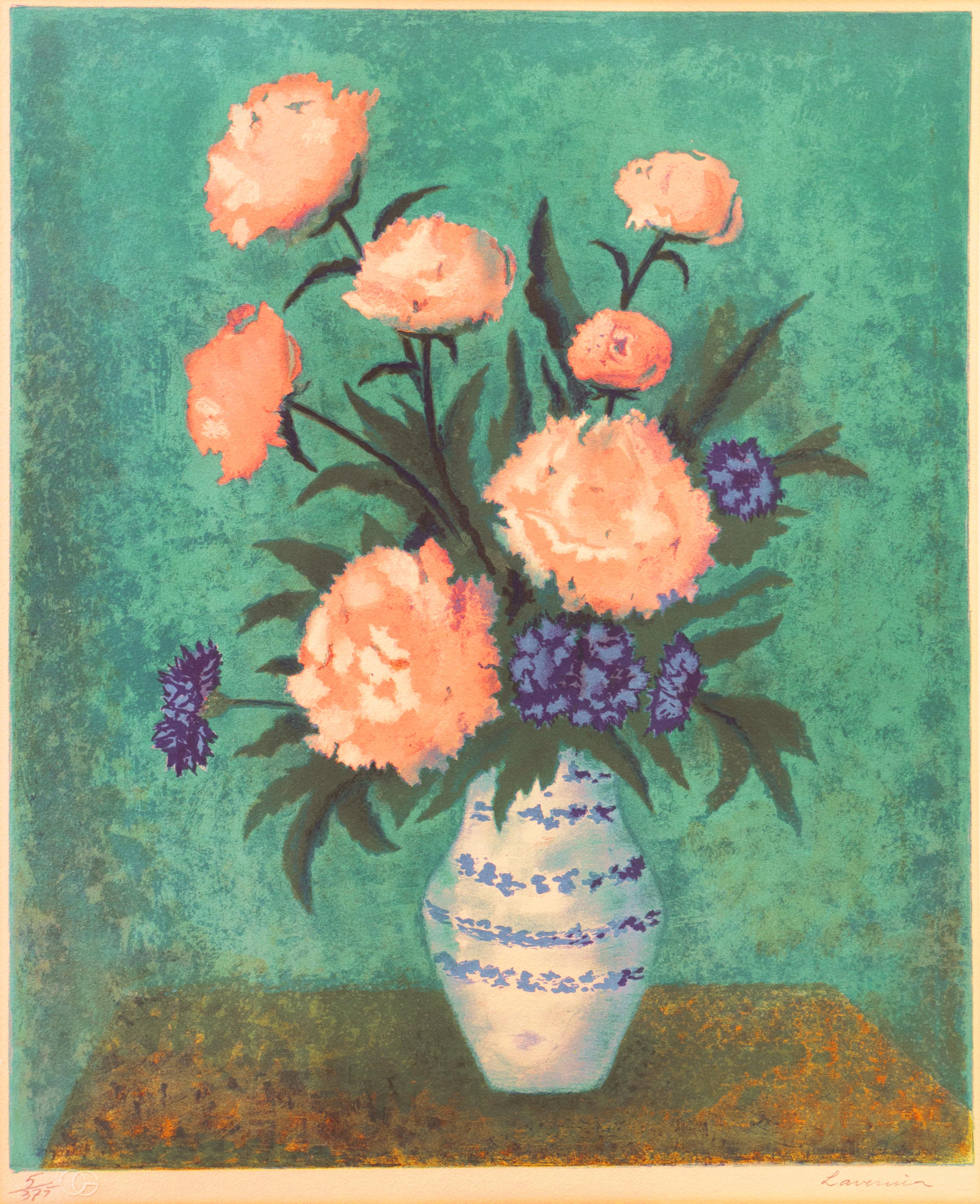 'Dog Roses and Carnations' Modernist Lithograph, Spanish Woman Artist, Barcelona - Print by Angelina Lavernia