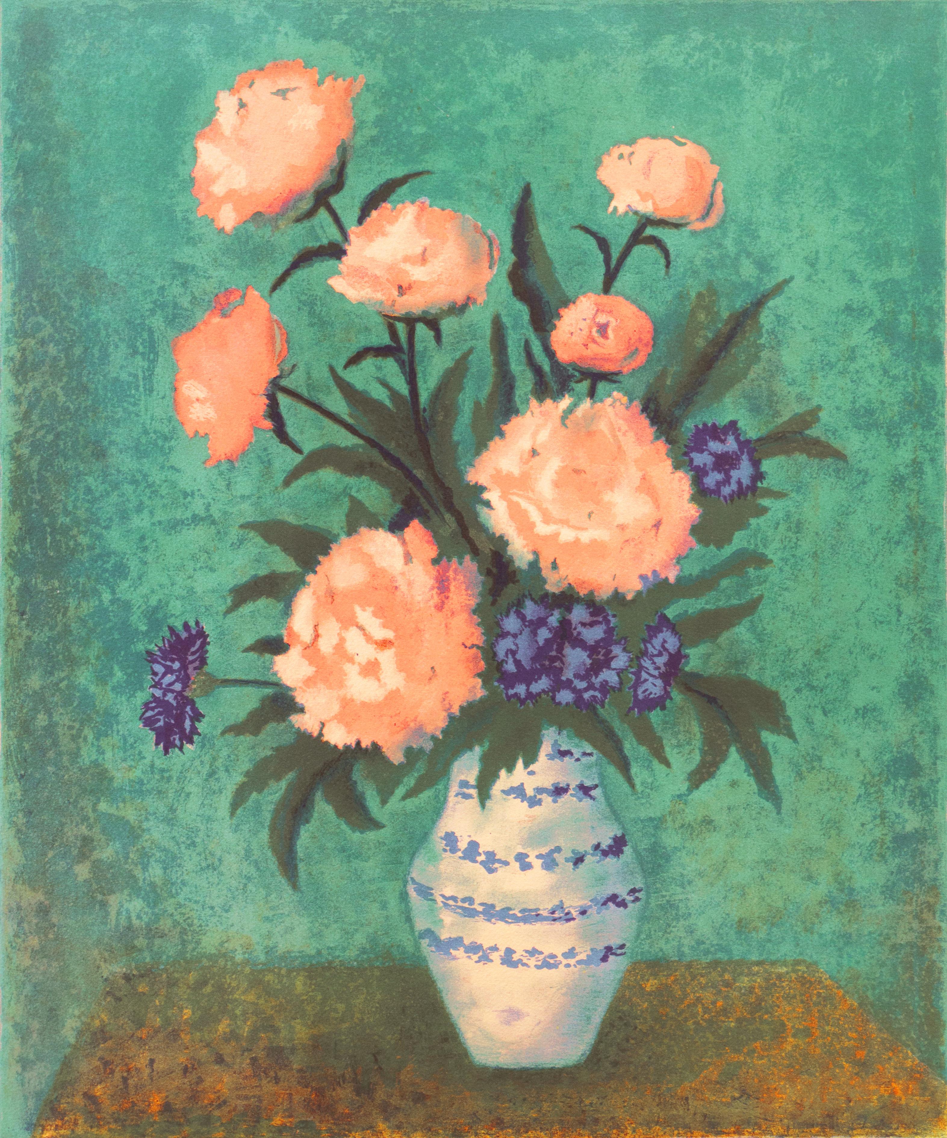 Angelina Lavernia Still-Life Print - 'Dog Roses and Carnations' Modernist Lithograph, Spanish Woman Artist, Barcelona