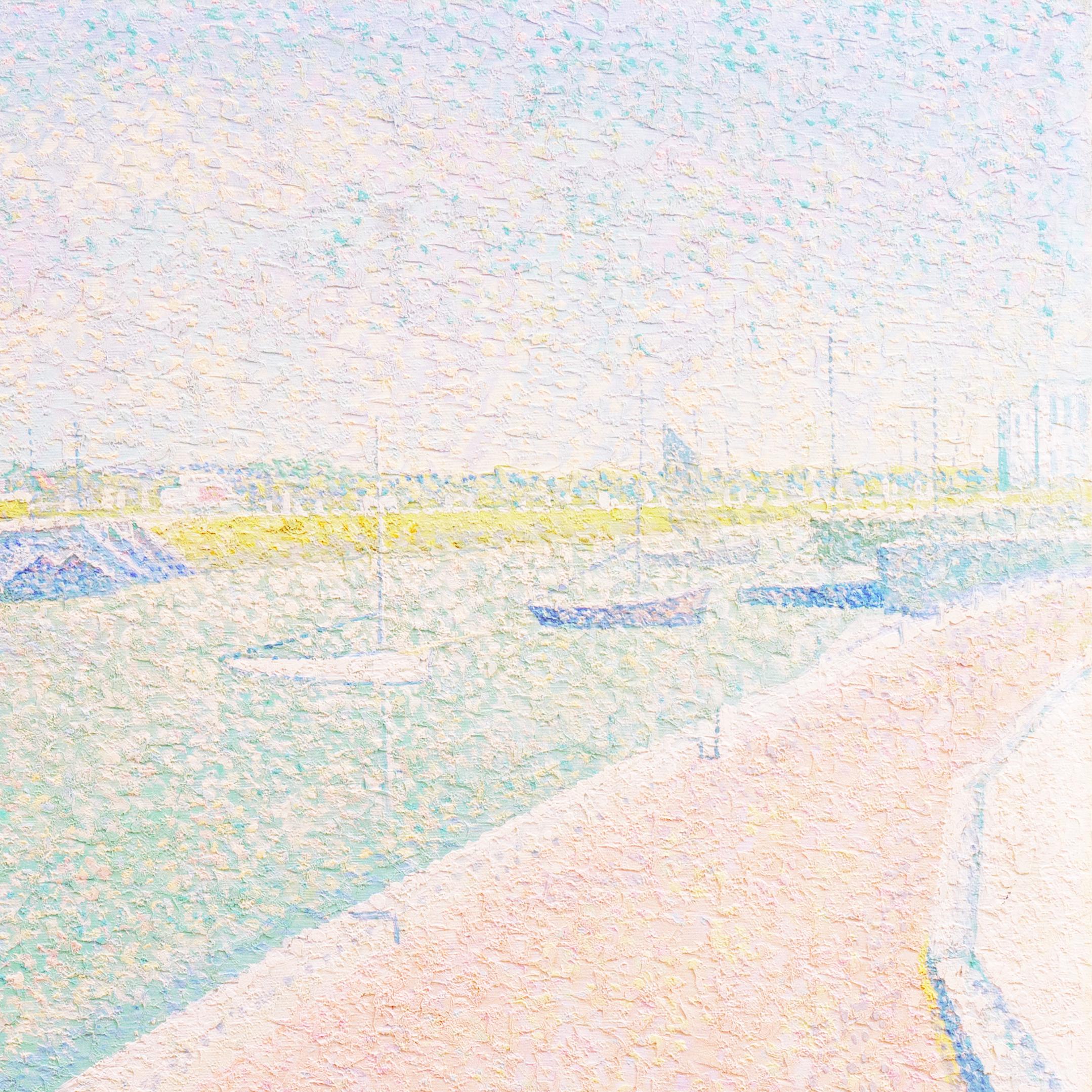 Signed lower right, 'Paul Thomas' (American, born 1955) and painted circa 1975; 
old exhibition label verso bearing title 'Le Quai D'Exposition Modern a Bordeaux'. 

An elegant, mid-century Pointillist oil landscape showing a view of the Charles