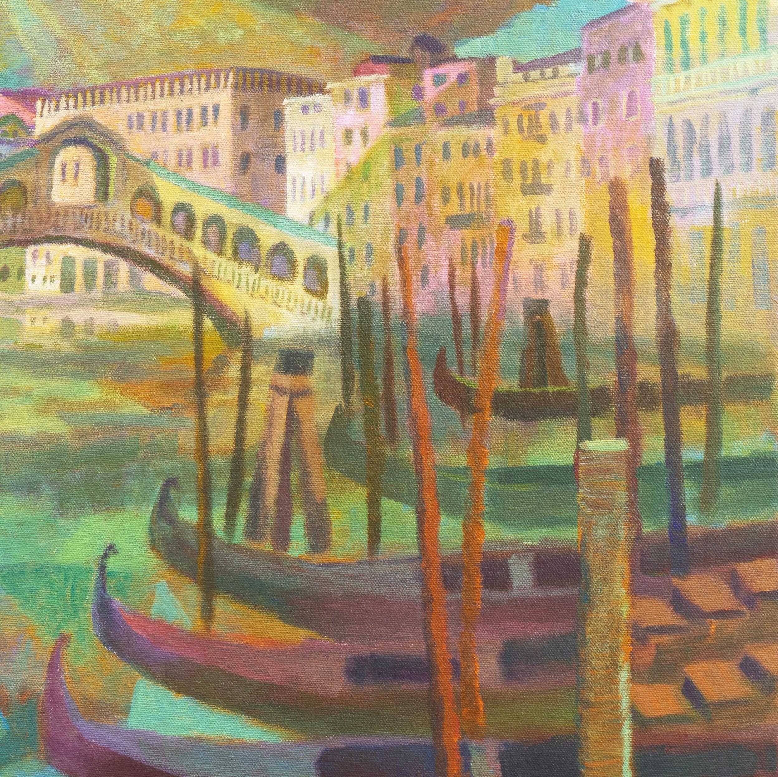 'The Rialto Bridge, Sunset', Venetian Canal, Dusseldorf Academy, Large Oil - Futurist Painting by Karl Gasser