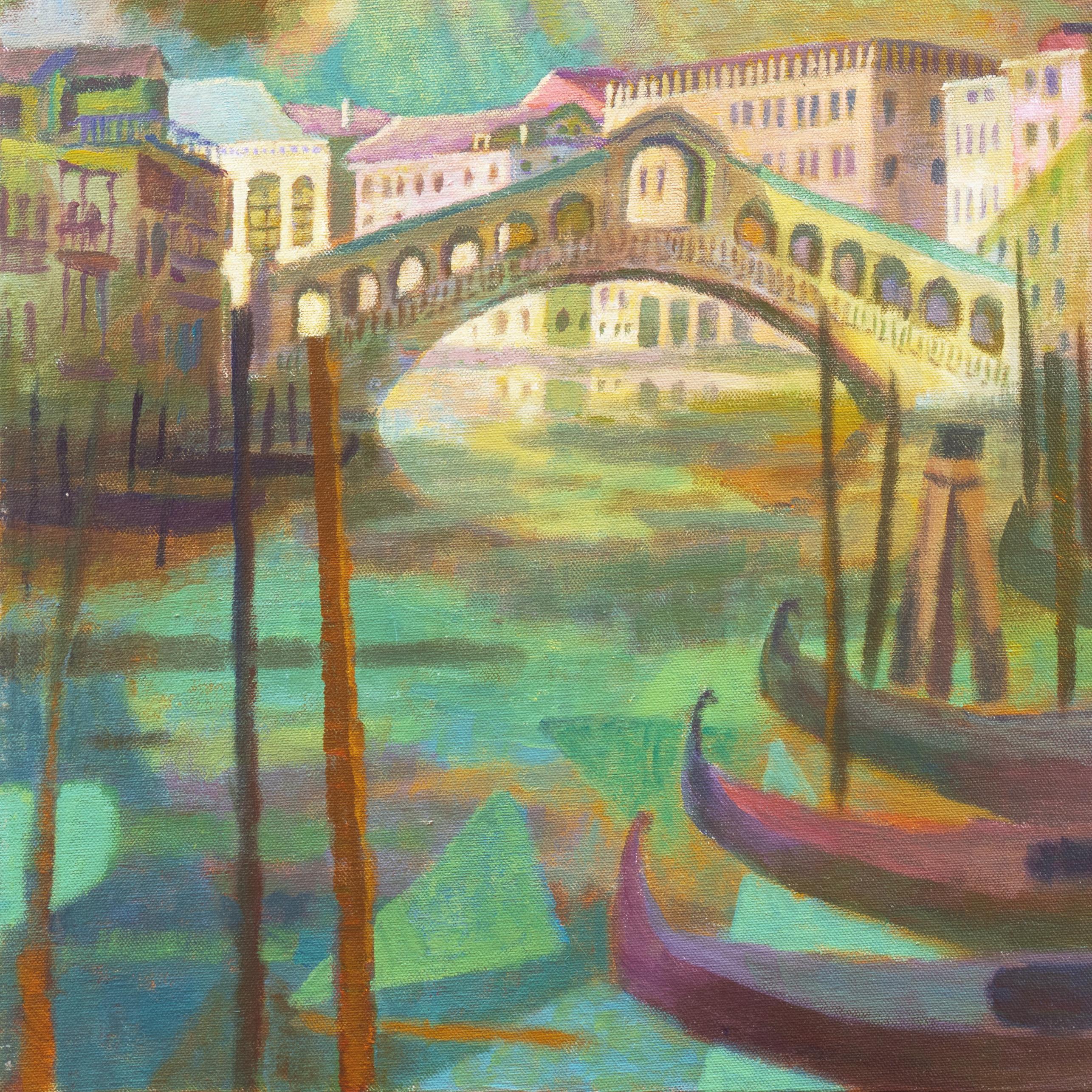 Signed lower right, 'K. Gasser' for Karl Gasser (Italian, 1948-2017) and dated 2011.

A vibrant, Futurist-derived view of Venice's Grand Canal with a row of gondolas in the foreground and a view beyond to the Rialto Bridge under the refracted rays